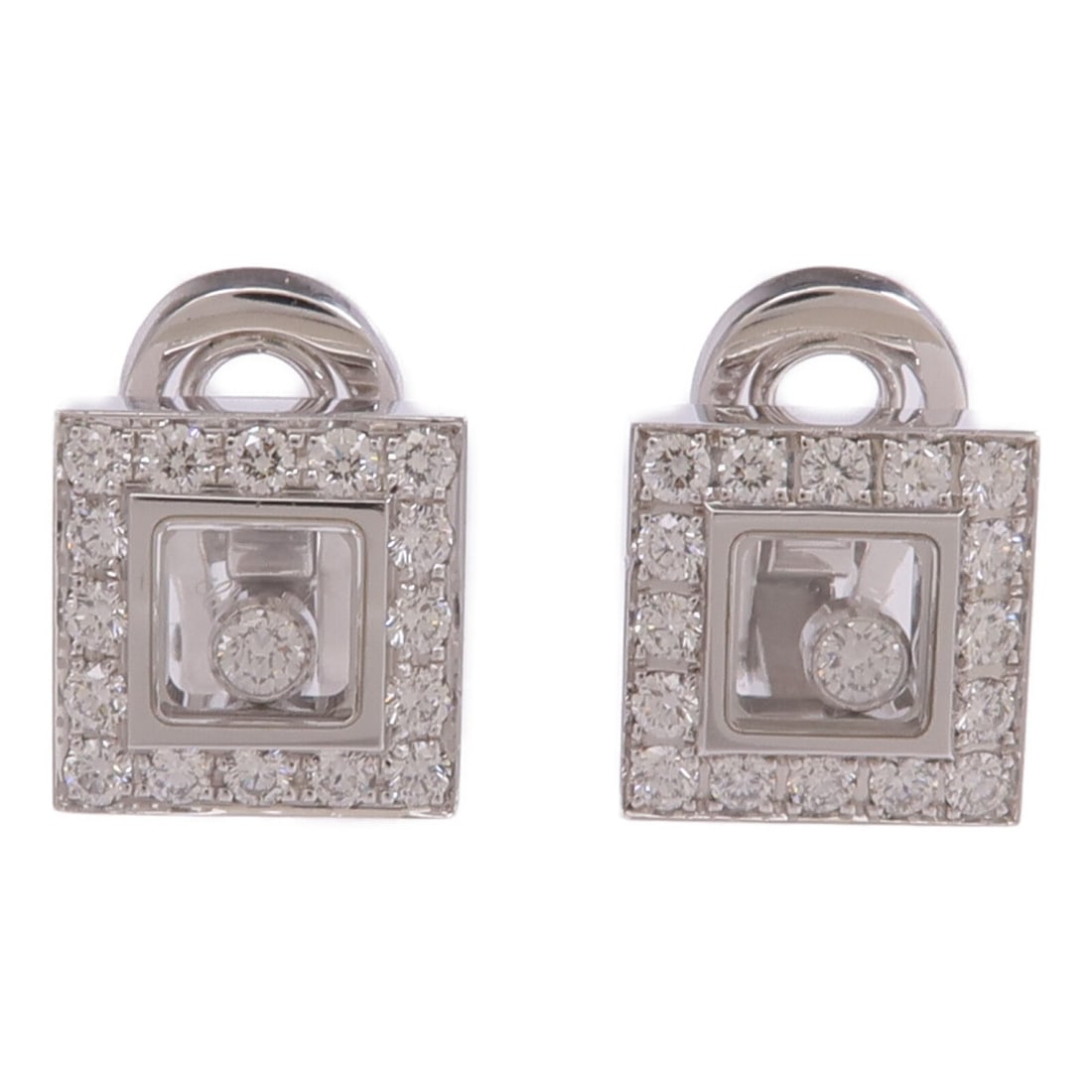 18K White Gold Diamond Earrings by Chopard: 18K White Gold Diamond Earrings by Chopard These elegant Chopard earrings are crafted from 18K white gold and feature sparkling diamond accents. Made in Switzerland, they offer a timeless and sophisti