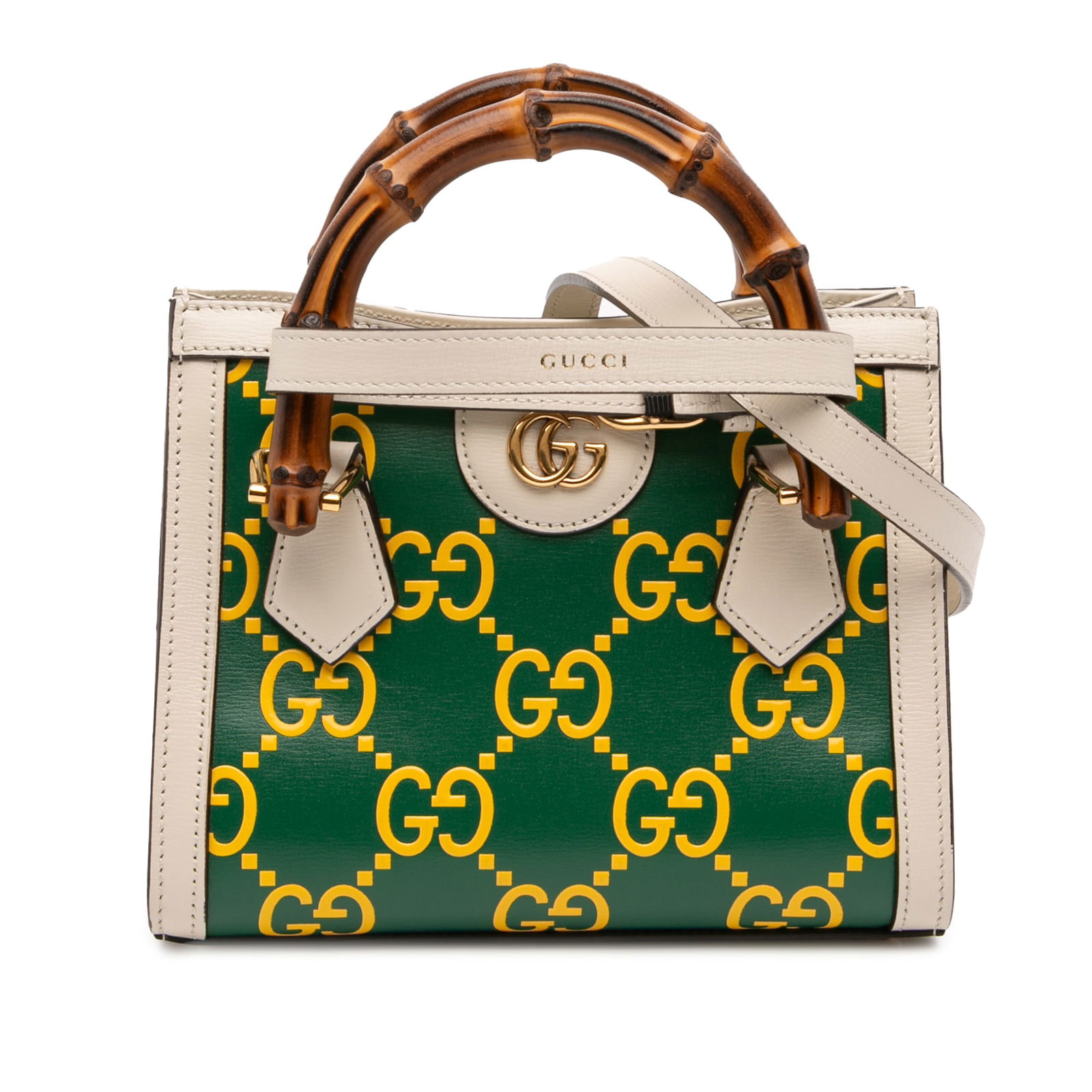 Gucci Diana Mini Satchel with Bamboo Handles and Detachable Strap: Gucci Diana Mini Satchel with Bamboo Handles and Detachable Strap This Gucci Mini Leather Bamboo GG Diana Satchel features a printed leather body in green, distinctive bamboo handles, a detachable fla
