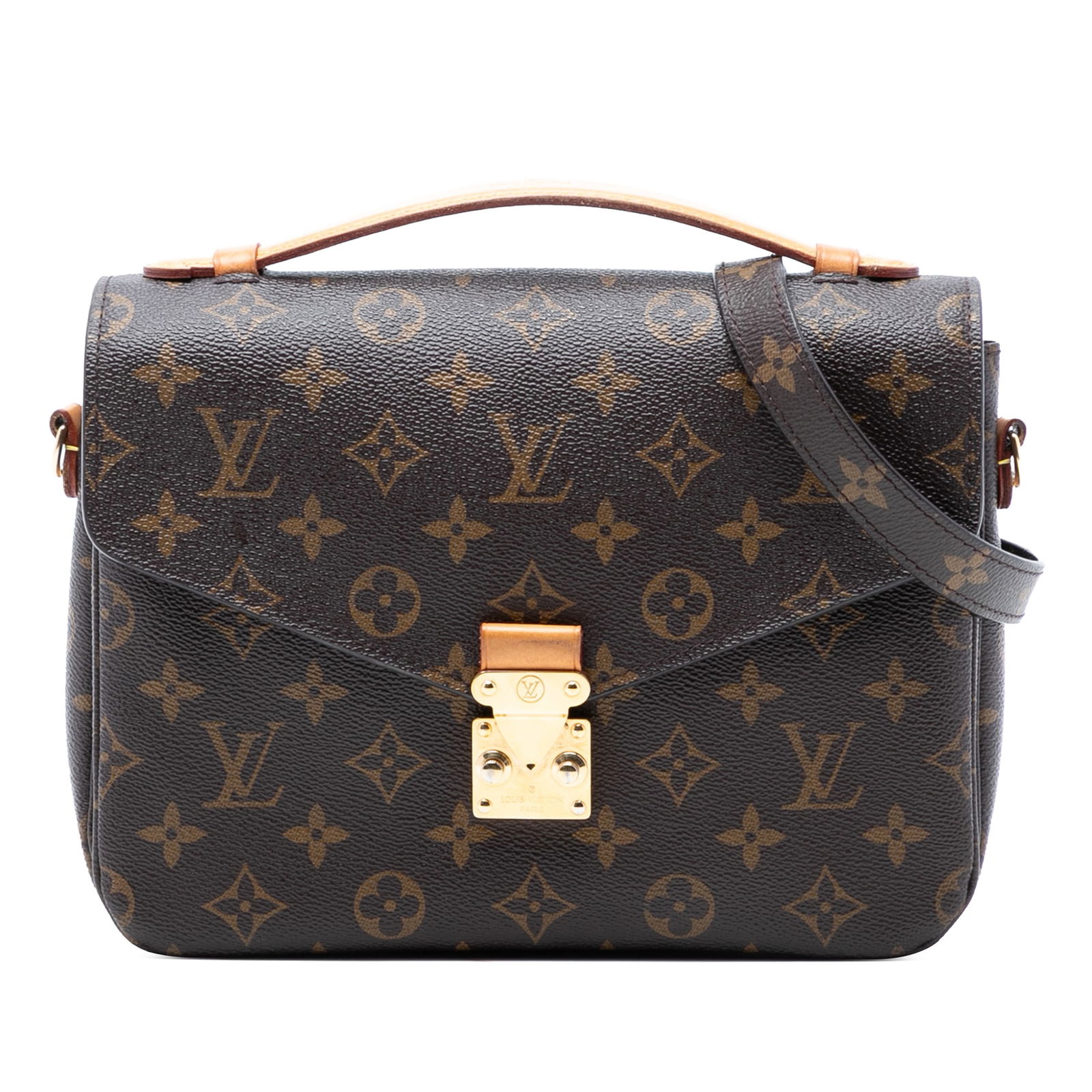 Louis Vuitton Pochette Metis Shoulder Bag in Monogram Canvas with Vachetta Handle: Louis Vuitton Pochette Metis Shoulder Bag in Monogram Canvas with Vachetta Handle This Louis Vuitton Pochette Metis features the signature monogram canvas with a flat vachetta leather top handle and a