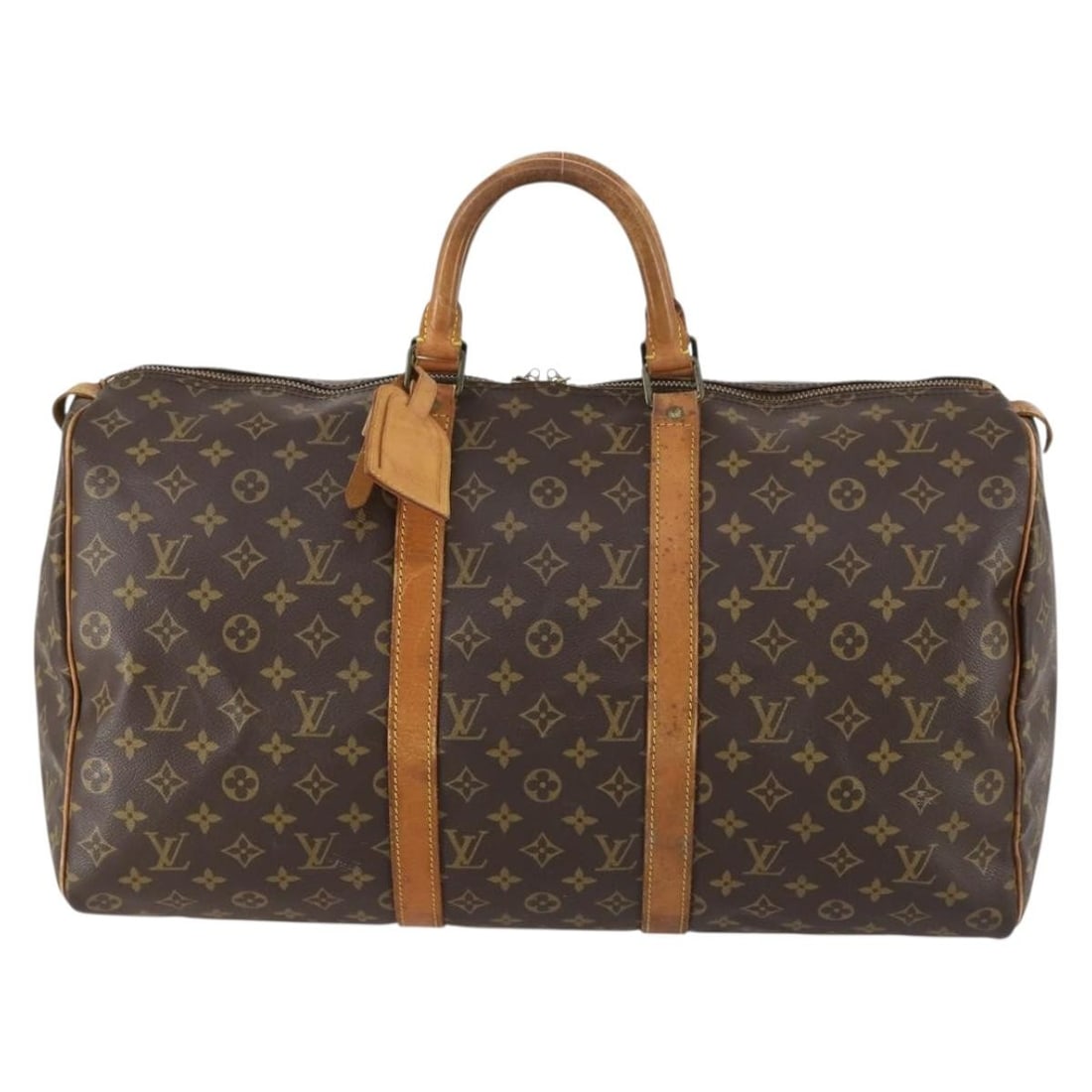 Louis Vuitton Keepall 50 Monogram Canvas Unisex Travel Bag: Louis Vuitton Keepall 50 Monogram Canvas Unisex Travel Bag This pre-owned Louis Vuitton Keepall 50 Boston bag is crafted from the brand's signature brown monogram canvas. Designed for unisex use, it f