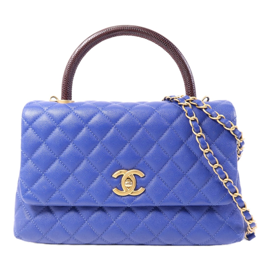 Blue Calfskin CoCo Handle Shoulder Bag by CHANEL with Gold Hardware: Blue Calfskin CoCo Handle Shoulder Bag by CHANEL with Gold Hardware This CHANEL 2-way shoulder bag features a classic CC design with a top handle and an optional shoulder strap for versatile carrying.