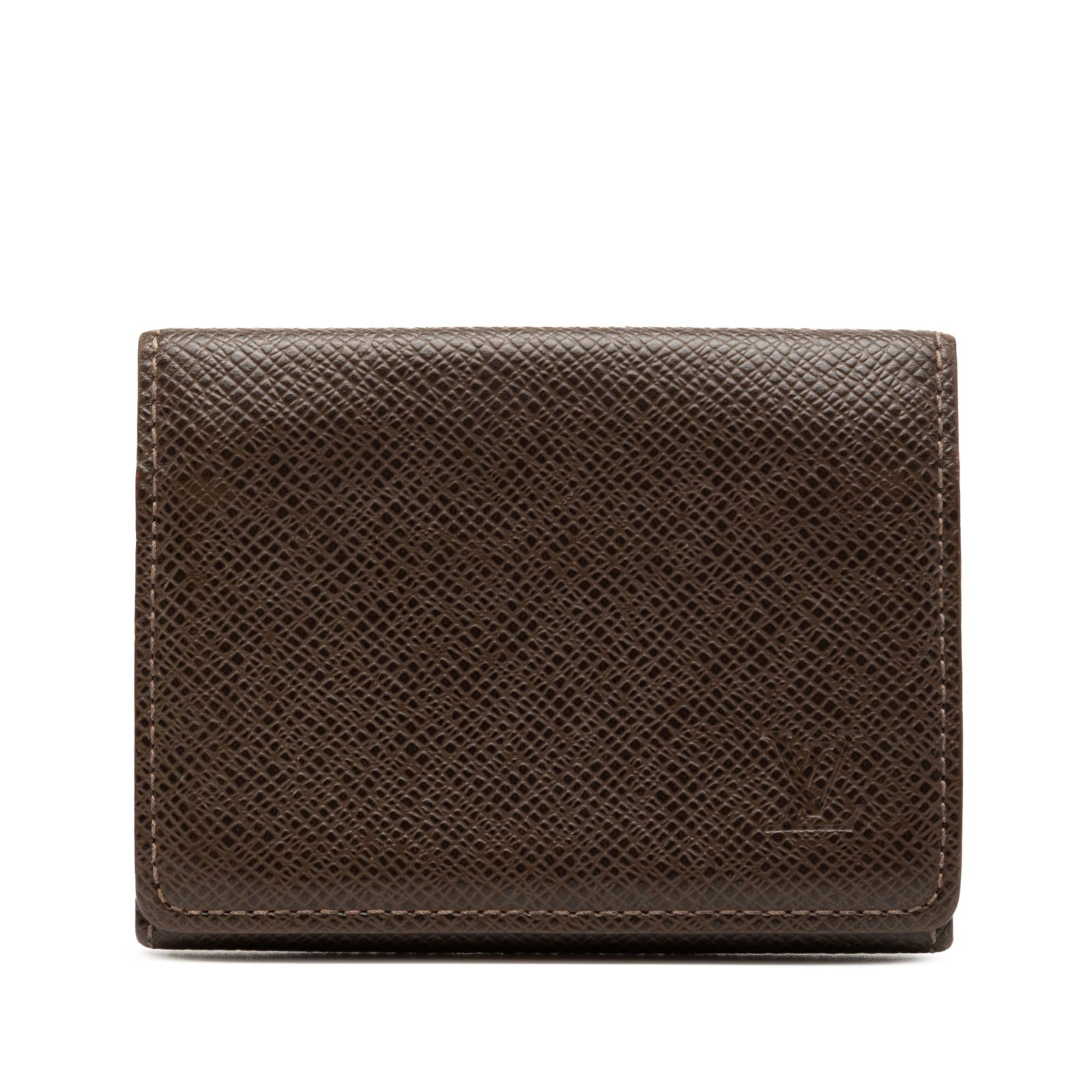 Taiga Leather Card Case by Louis Vuitton with Interior Pockets: Taiga Leather Card Case by Louis Vuitton with Interior Pockets This Louis Vuitton Taiga business card holder features a brown taiga leather exterior with interior slip pockets, offering an elegant sol