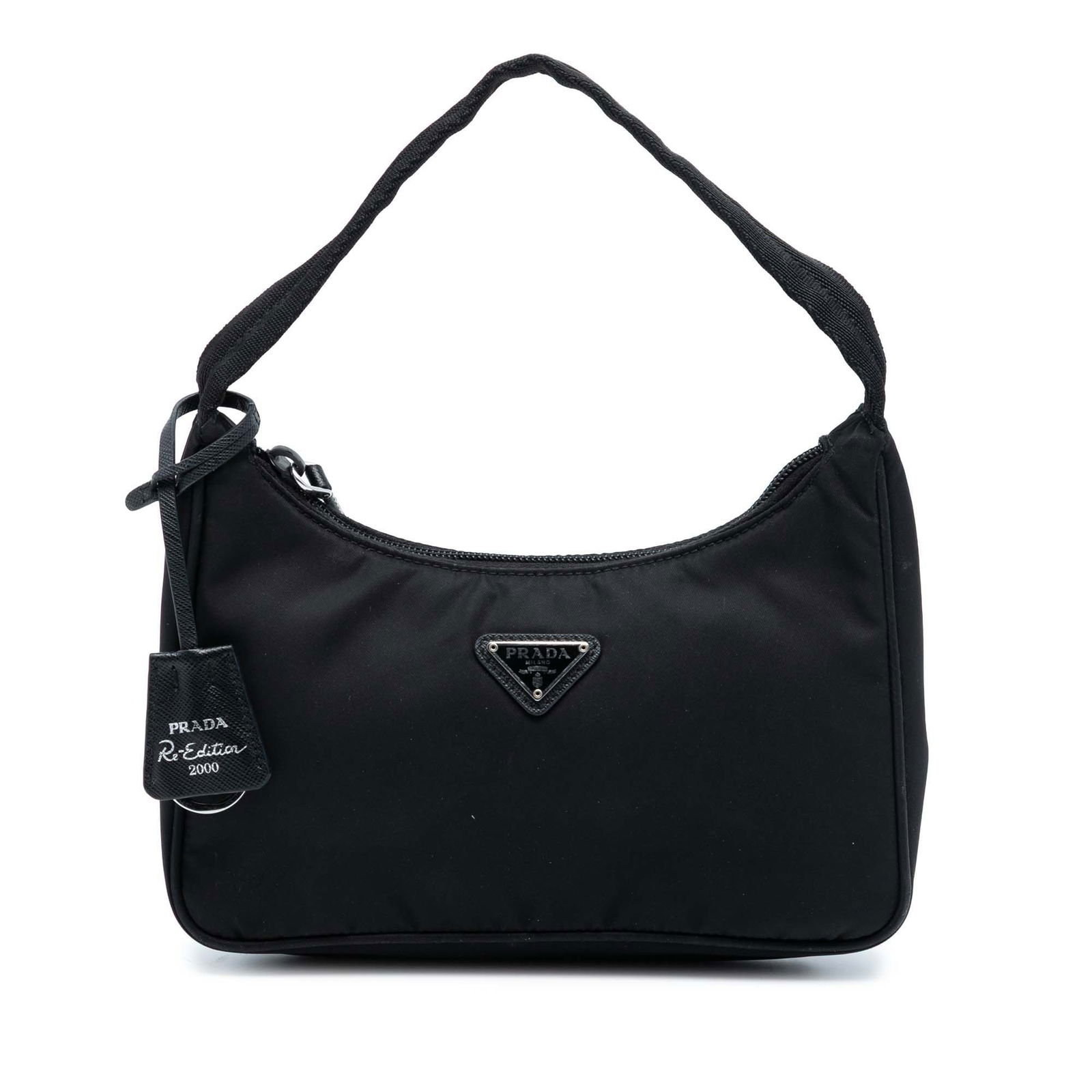 Black Prada Mini Re Nylon Re Edition 2000 Shoulder Bag: Black Prada Mini Re Nylon Re Edition 2000 Shoulder Bag This Prada Mini Re Nylon Re Edition 2000 Shoulder Bag features a black nylon body, a flat shoulder strap, and a top zip closure. The bag shows si