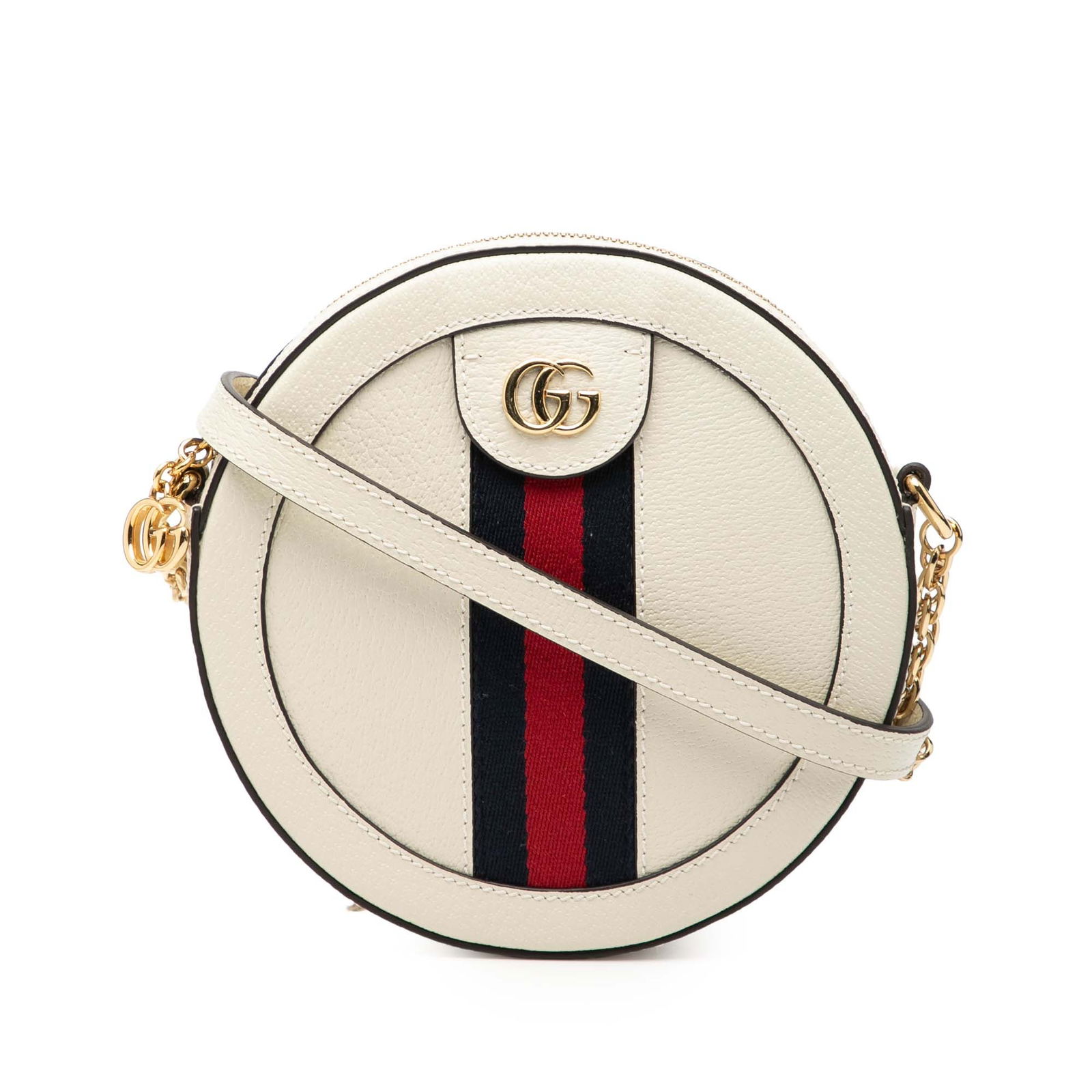 Gucci Ophidia Mini White Leather Round Crossbody Bag with Gold Chain: Gucci Ophidia Mini White Leather Round Crossbody Bag with Gold Chain This Gucci Mini Leather Ophidia Round Crossbody features a white leather body with a gold-toned chain strap and a top zip closure.