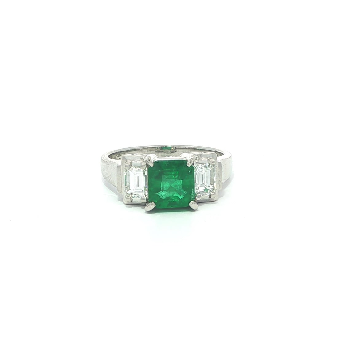Platinum Three Stone Ring With GIA Certified Green Emerald And Diamonds (1 of 14)