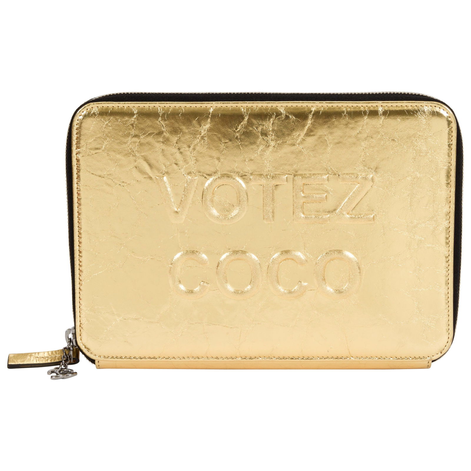 Chanel Votez Coco Limited Edition Gold Clutch with Authenticity: Chanel Votez Coco Limited Edition Gold Clutch with Authenticity This exquisite Chanel Limited Edition Votez Coco Gold Clutch showcases a chic and sophisticated design. Crafted from luxurious cracked g
