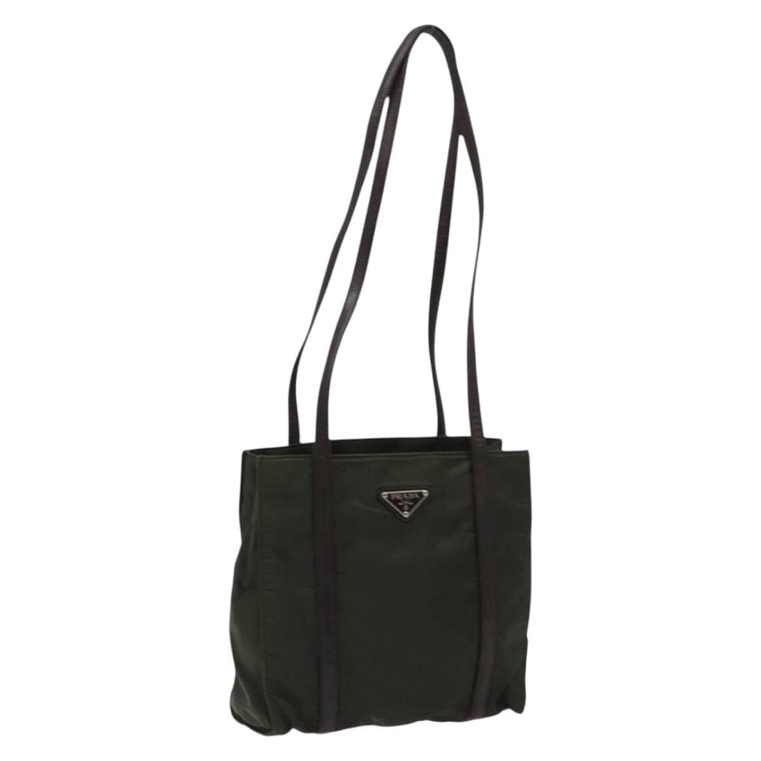 Prada Nylon Khaki Shoulder Bag Vintage 23x23x7cm: Prada Nylon Khaki Shoulder Bag Vintage 23x23x7cm This vintage Prada shoulder bag for women features a khaki nylon exterior with leather trim. It measures 23cm x 23cm x 7cm and is made in Italy. The ba