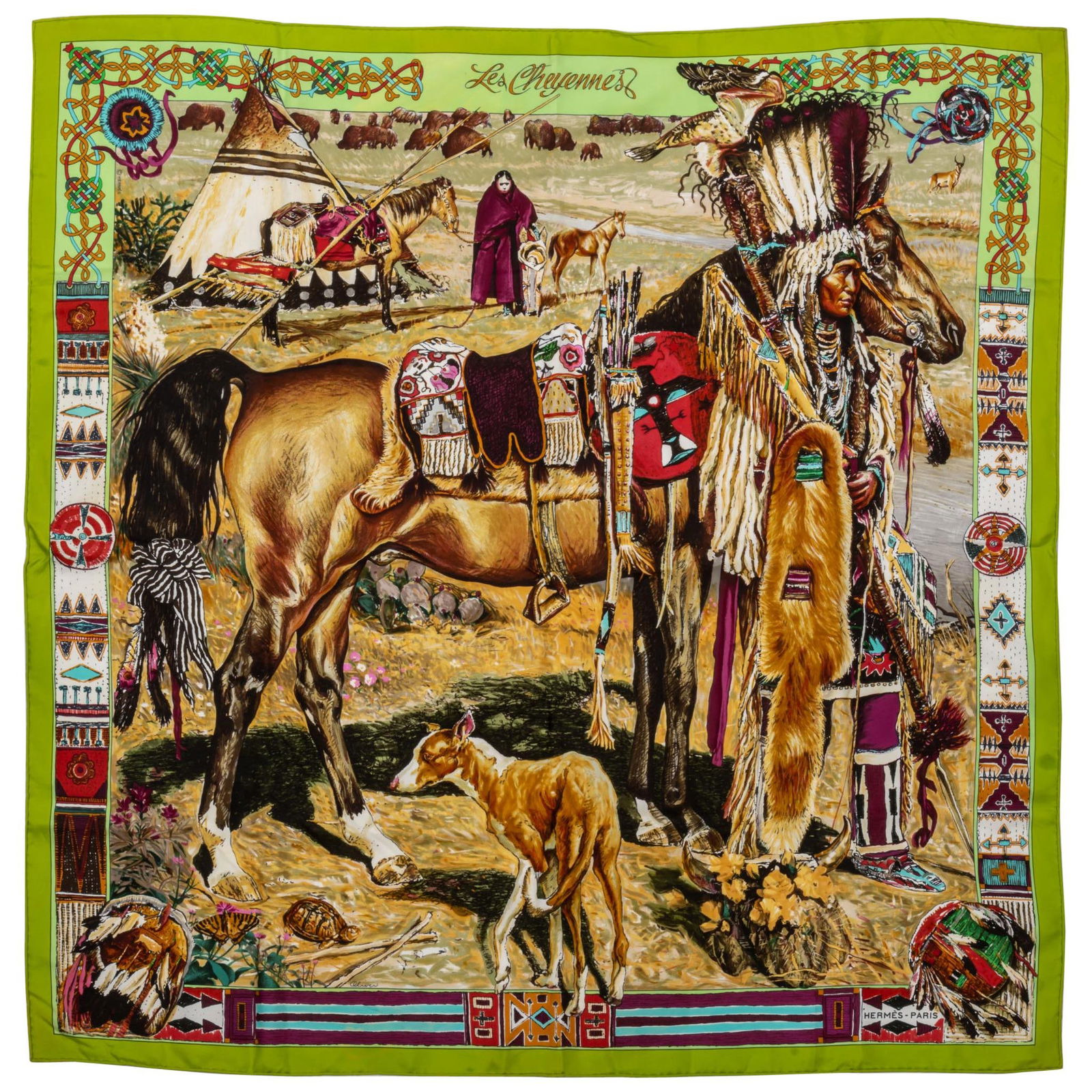 Hermes Les Cheyennes Green Silk Scarf by Oliver 35": Hermes Les Cheyennes Green Silk Scarf by Oliver 35" Elevate your accessory collection with this exquisite Hermes Les Cheyennes scarf designed by Oliver. Crafted from luxurious silk, this vibrant green
