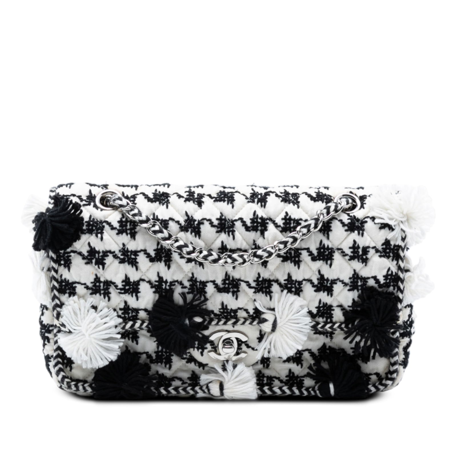 Chanel Medium Classic Embroidered Canvas Double Flap Limited Edition Shoulder Bag: Chanel Medium Classic Embroidered Canvas Double Flap Limited Edition Shoulder Bag This Chanel Medium Classic Double Flap shoulder bag showcases a quilted canvas body accented with tweed details and fe