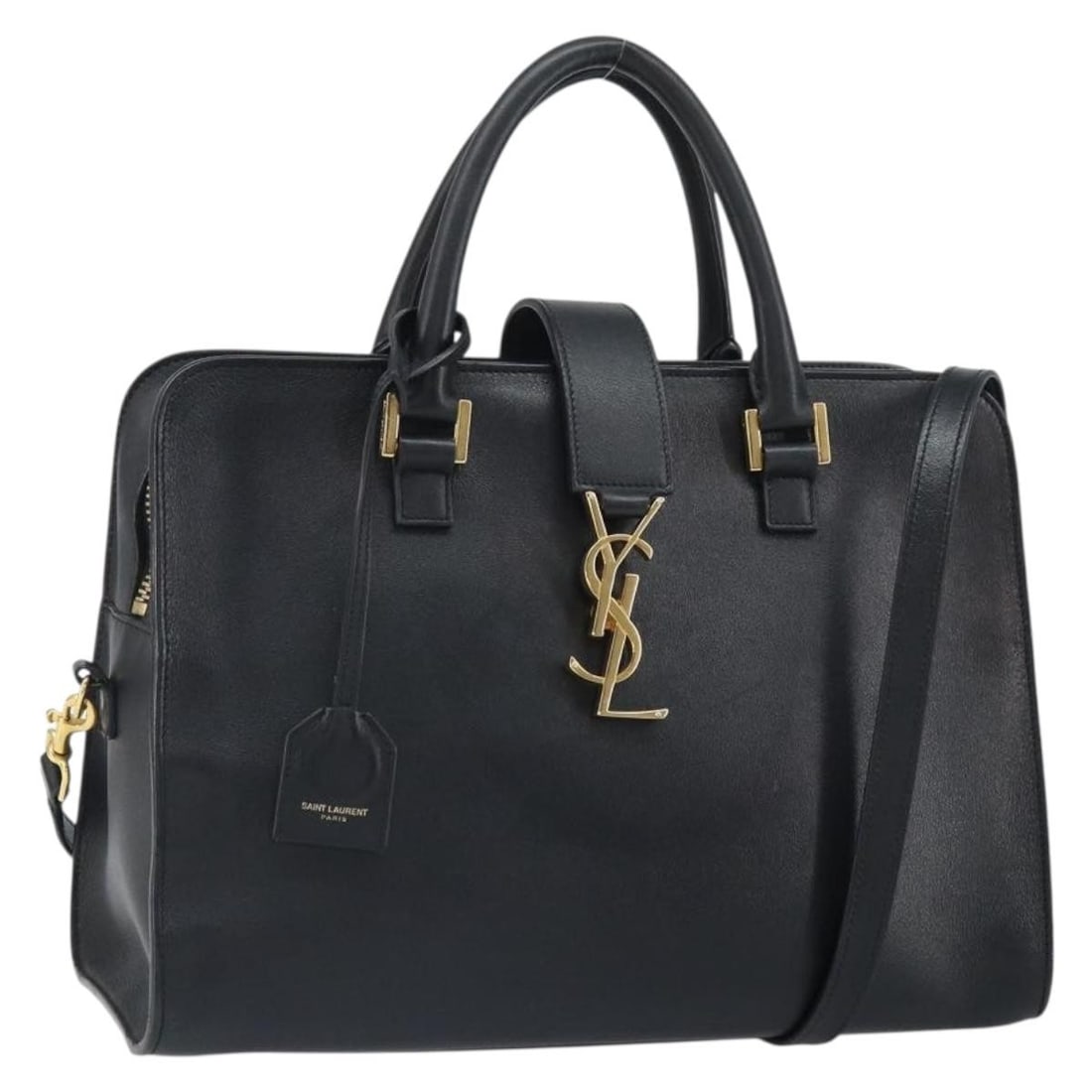 Black Leather Cabas 2way Handbag by Saint Laurent with Gold Accents: Black Leather Cabas 2way Handbag by Saint Laurent with Gold Accents This Saint Laurent Cabas 2-way hand bag is crafted from black leather with gold-tone accents. It features a spacious interior, top h