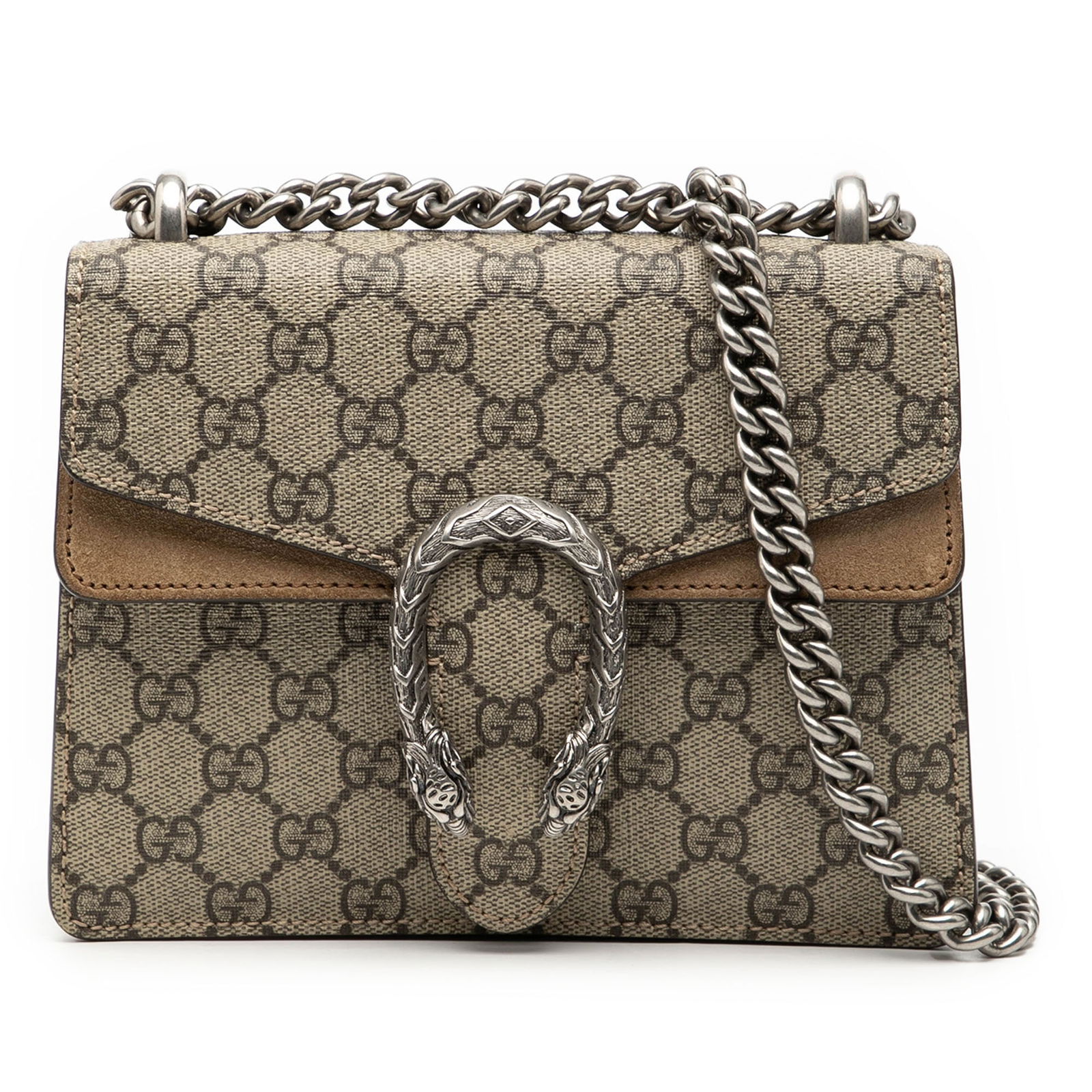 Gucci Dionysus Small GG Supreme Canvas Crossbody Bag with Suede Trim: Gucci Dionysus Small GG Supreme Canvas Crossbody Bag with Suede Trim This Gucci Small GG Supreme Dionysus Crossbody bag features a coated canvas body accented with suede leather trim. It is designed w