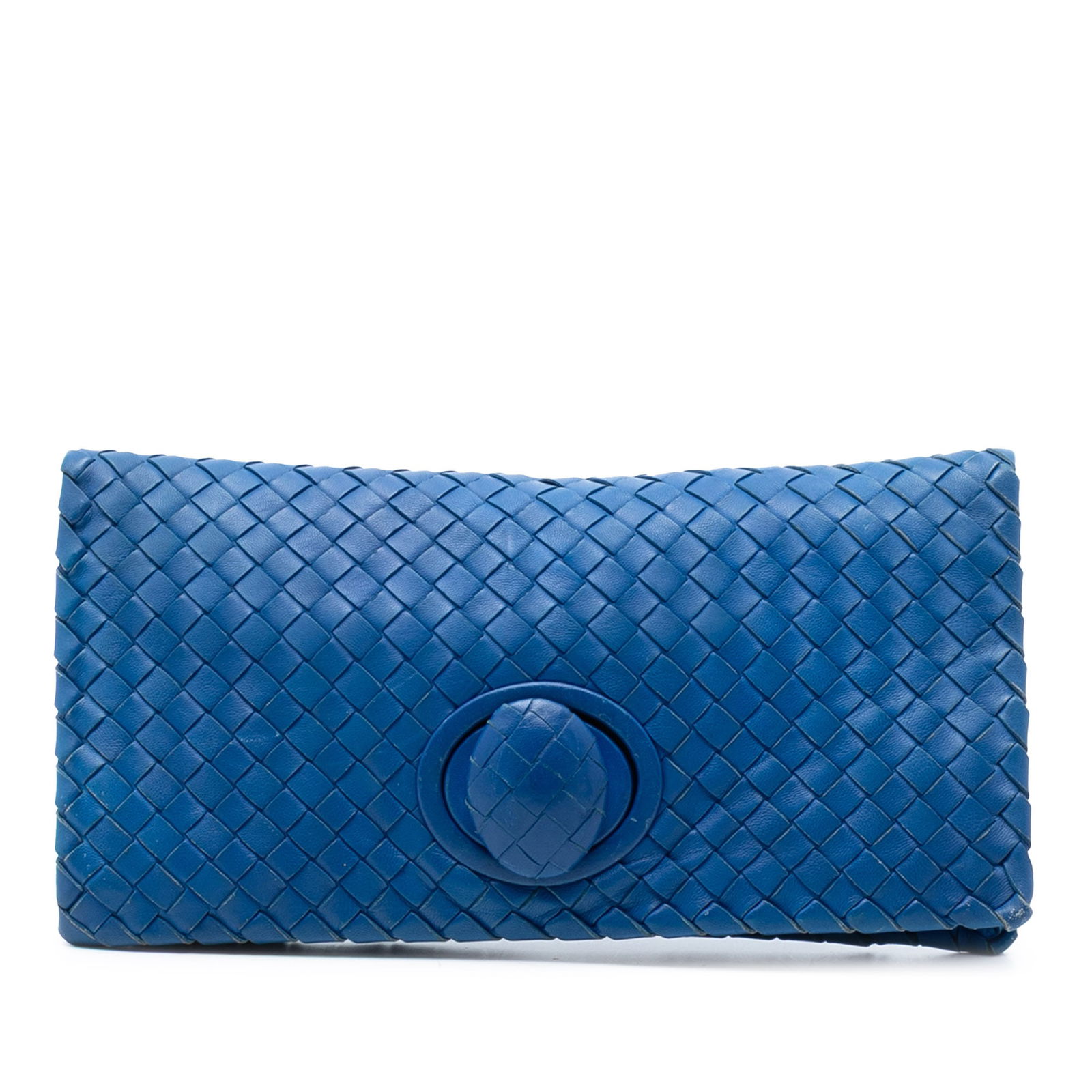 Blue Leather Clutch Bag by Bottega Veneta Nappa Intrecciato Turn Lock: Blue Leather Clutch Bag by Bottega Veneta Nappa Intrecciato Turn Lock This Bottega Veneta clutch features a woven nappa leather body in blue, a front flap with a turn lock closure, and an interior zip