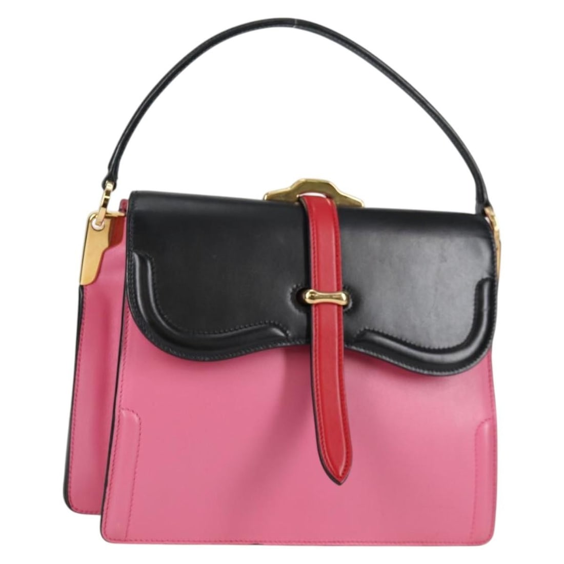 PRADA Bell Hand Bag Pink Gold Leather 2-Way Italy Auth 141818M: PRADA Bell Hand Bag Pink Gold Leather 2-Way Italy Auth 141818M This elegant PRADA Bell Hand Bag is crafted from high-quality leather, featuring a stylish combination of pink and gold hues. With dimens