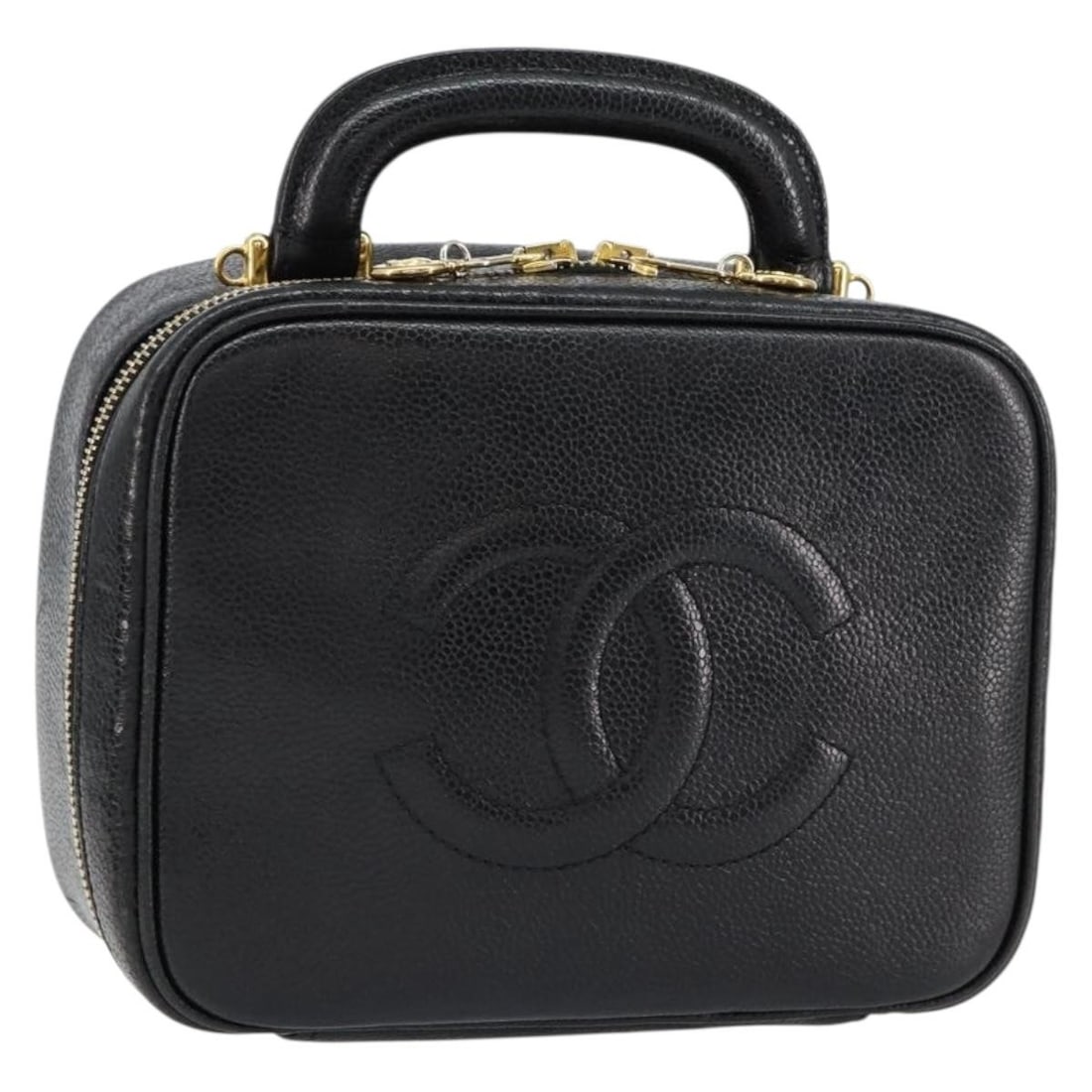 CHANEL Coco Mark Vanity Hand Bag Black Gold Caviar Skin Auth: CHANEL Coco Mark Vanity Hand Bag Black Gold Caviar Skin Auth This CHANEL COCO Mark Vanity Hand Bag showcases exquisite craftsmanship in grained calfskin, featuring a sophisticated black and gold color