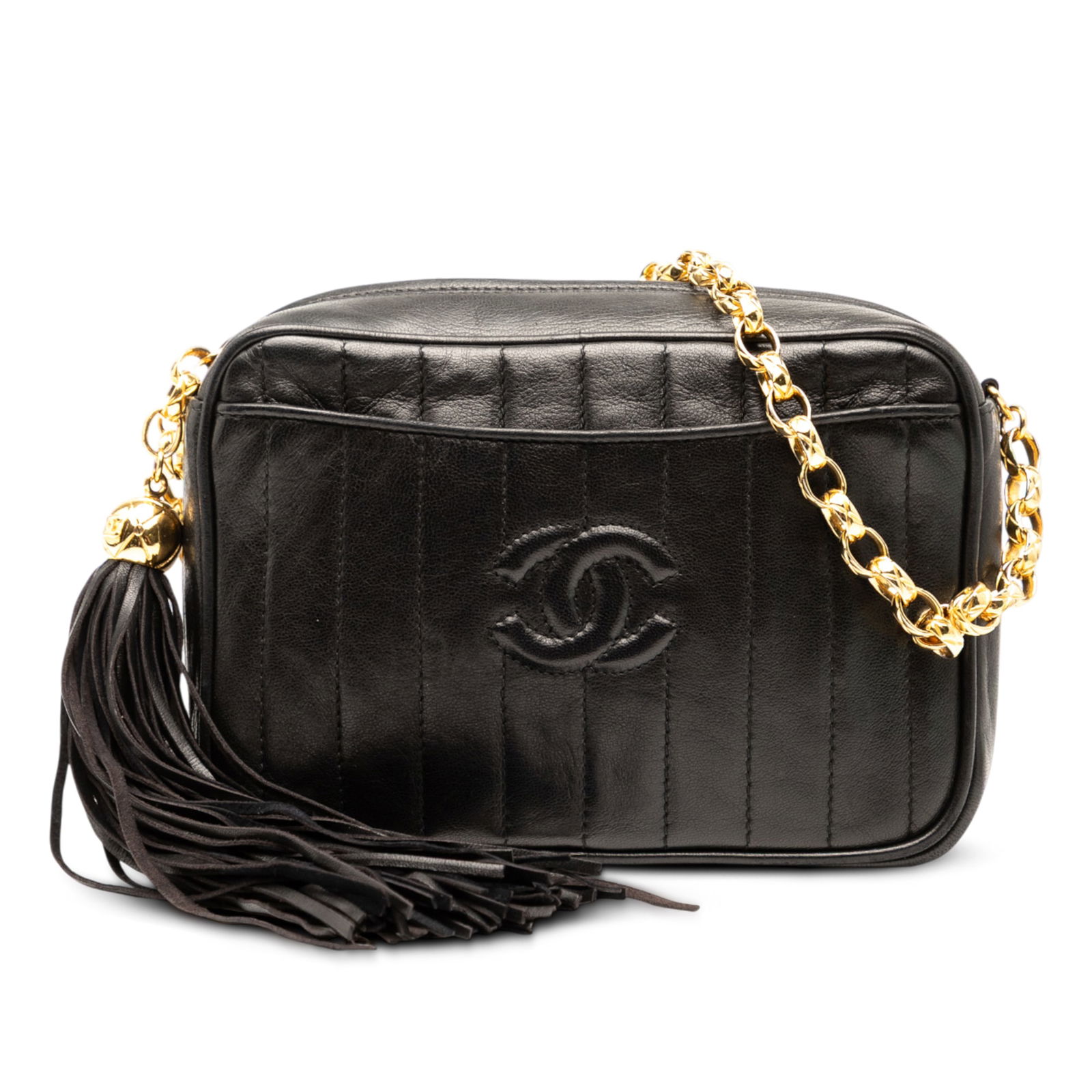 Chanel CC Quilted Lambskin Black Camera Bag with Tassel: Chanel CC Quilted Lambskin Black Camera Bag with Tassel This Chanel CC Quilted Lambskin Tassel Camera Bag is a stylish crossbody crafted from luxurious quilted lambskin leather in a classic black colo