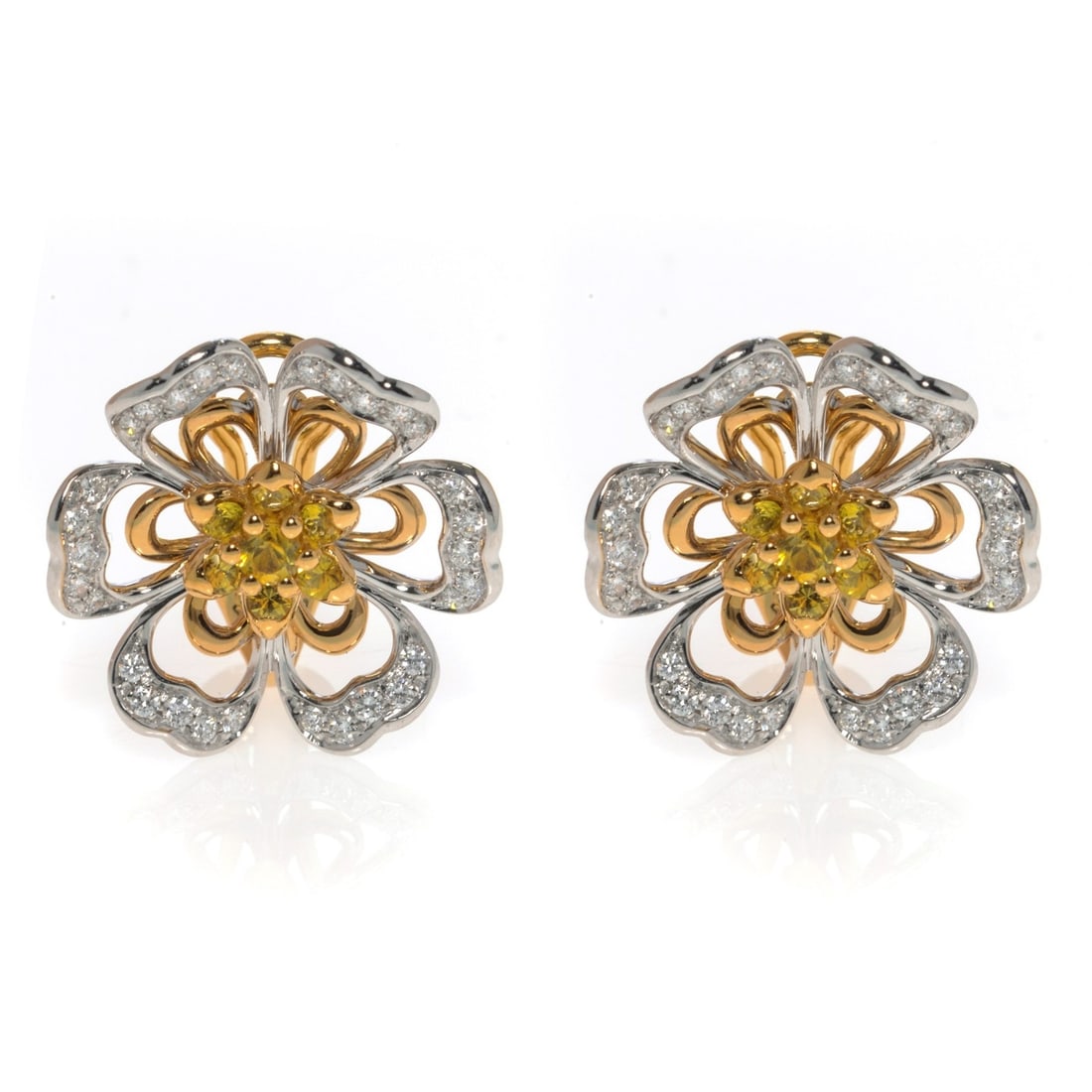 Luca Carati 18K Rose White Gold Yellow Sapphire Diamond Flower Huggie Earrings: Luca Carati 18K Rose White Gold Yellow Sapphire Diamond Flower Huggie Earrings Delight in the elegance of these stunning Luca Carati earrings, expertly crafted in a combination of 18K rose and white g