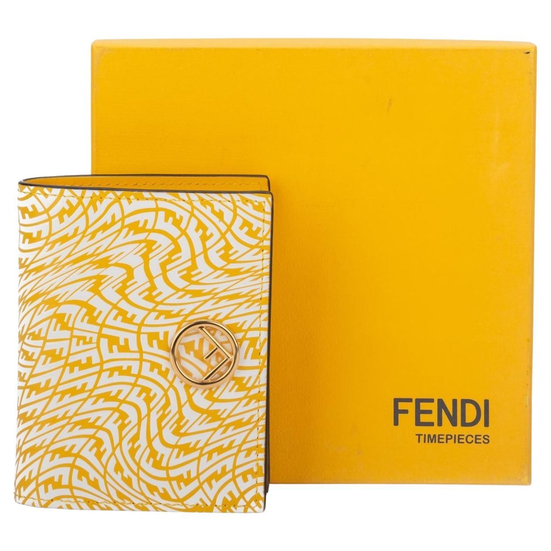 Fendi Yellow White Vertigo Wallet New in Box with Dustcover: Fendi Yellow White Vertigo Wallet New in Box with Dustcover This Fendi Yellow/White Vertigo Wallet is a stylish accessory that embodies modern luxury. Crafted in a unique patent leather with a vibrant