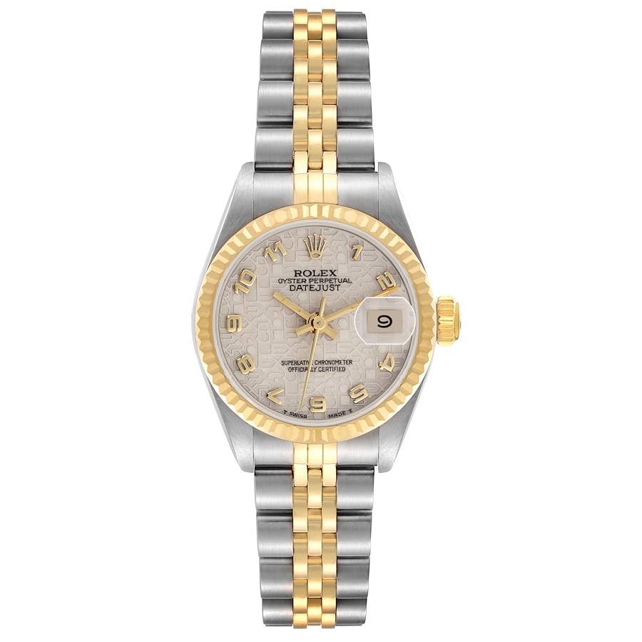Ladies Datejust Ref 69173 with Anniversary Dial Jubilee Bracelet and Papers 1998: Ladies Datejust Ref 69173 with Anniversary Dial Jubilee Bracelet and Papers 1998 This ladies Rolex Datejust features an Anniversary Dial and is paired with a Jubilee bracelet. The watch has a fluted b