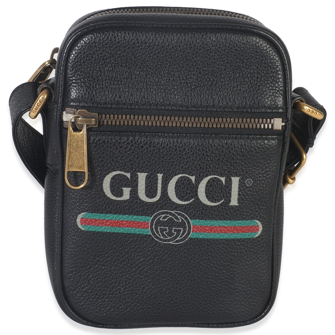 Black Leather Crossbody Gucci Vintage Logo Messenger Bag from Italy: Black Leather Crossbody Gucci Vintage Logo Messenger Bag from Italy This Gucci Vintage Logo Messenger Bag features a black pebbled calfskin leather exterior with a zip-around closure and gold-tone har
