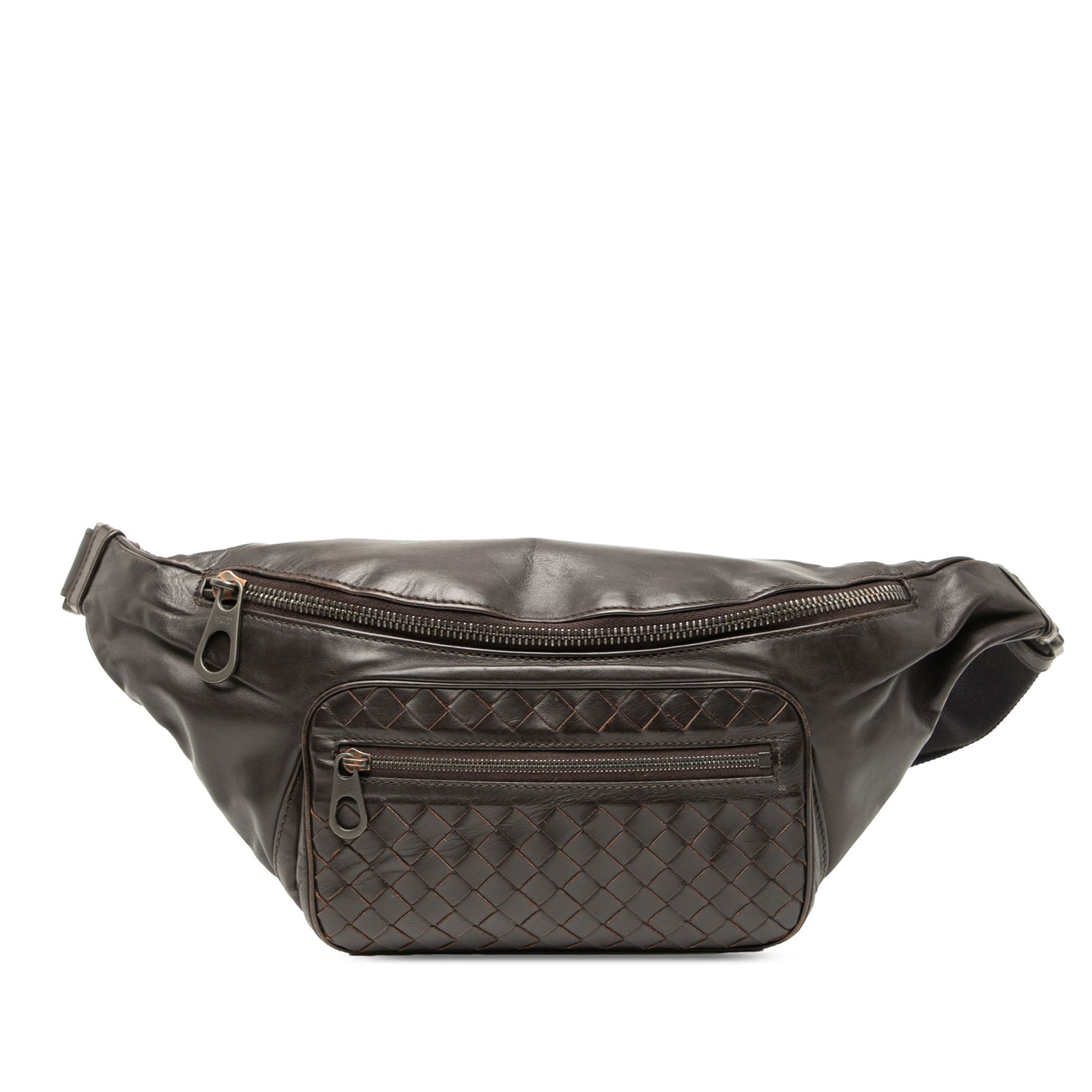 Nappa Leather Weave Waist Bag by Bottega Veneta: Nappa Leather Weave Waist Bag by Bottega Veneta This belt bag features a woven nappa leather body in brown, a flat leather waist strap with belt buckle closure, a top zip closure, and an exterior fron