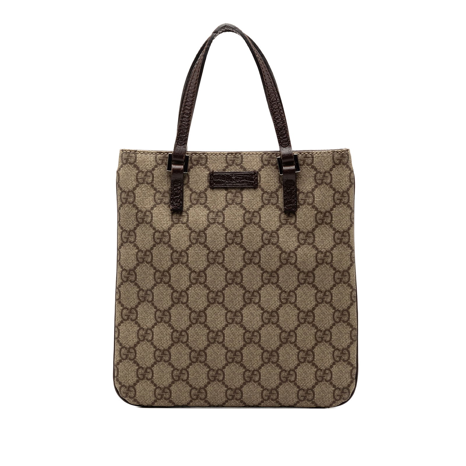 Gucci GG Supreme Brown Canvas Tote with Leather Trim: Gucci GG Supreme Brown Canvas Tote with Leather Trim This Gucci GG Supreme Handbag features a coated canvas body with leather trim, flat leather handles, an open top with magnetic snap closure, and an