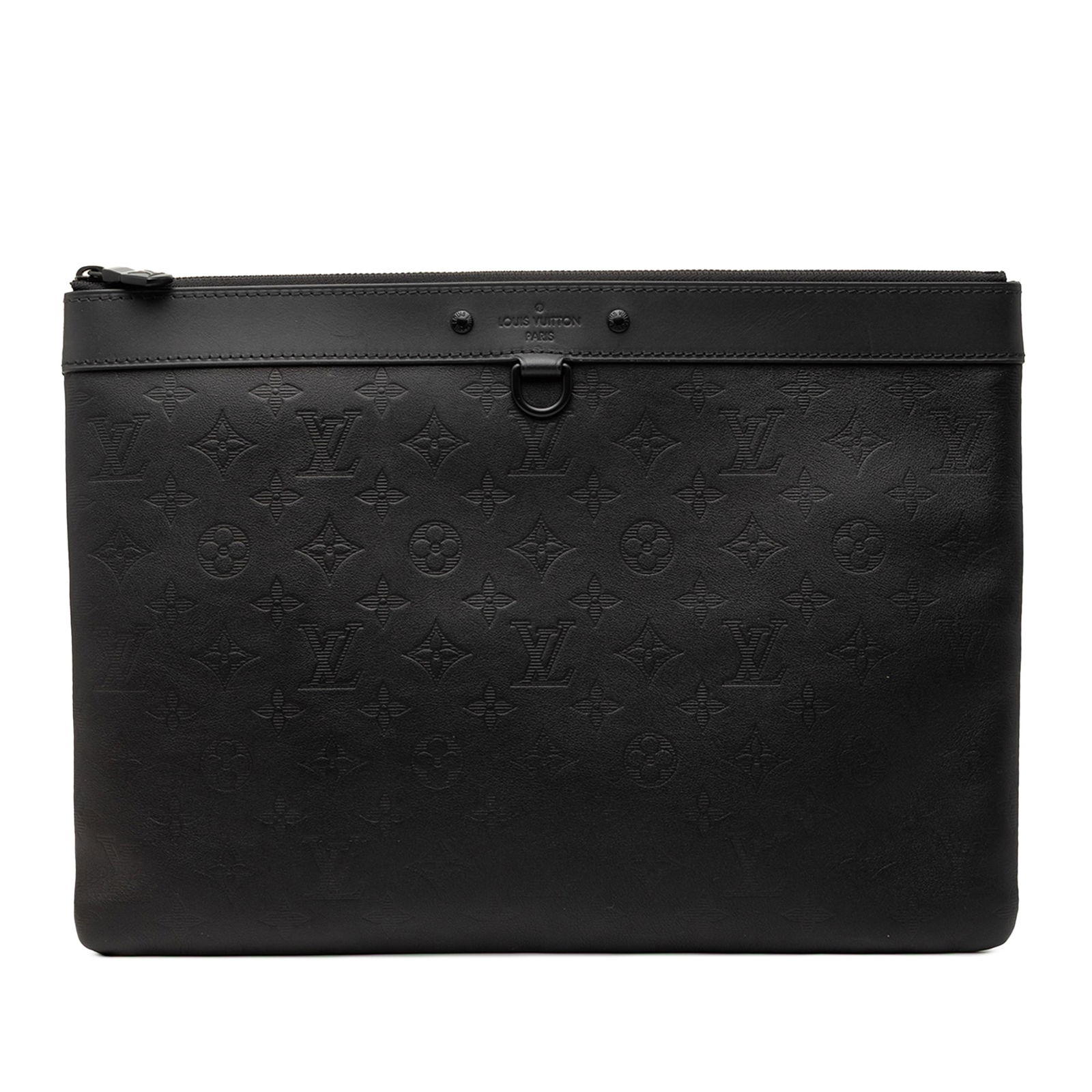 Black Leather Discovery Pochette Monogram Shadow by Louis Vuitton: Black Leather Discovery Pochette Monogram Shadow by Louis Vuitton This Louis Vuitton Monogram Shadow Discovery Pochette is crafted from leather in black and features a top zip closure and an interior