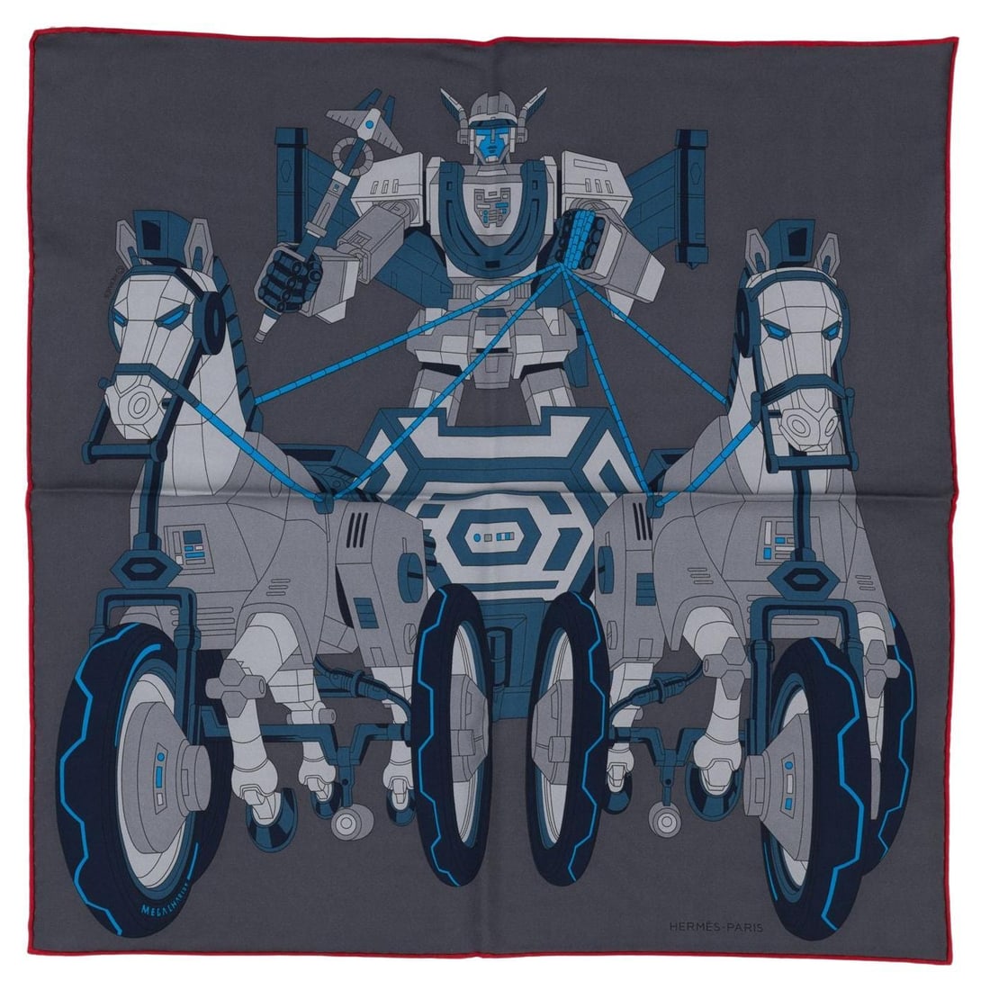 Hermes Mega Chariot Scarf by Daisuke Nomura 17 in France: Hermes Mega Chariot Scarf by Daisuke Nomura 17 in France Introducing the Hermes Mega Chariot by Daisuke Nomura, a captivating scarf that features a unique design inspired by a children's horse tricycl