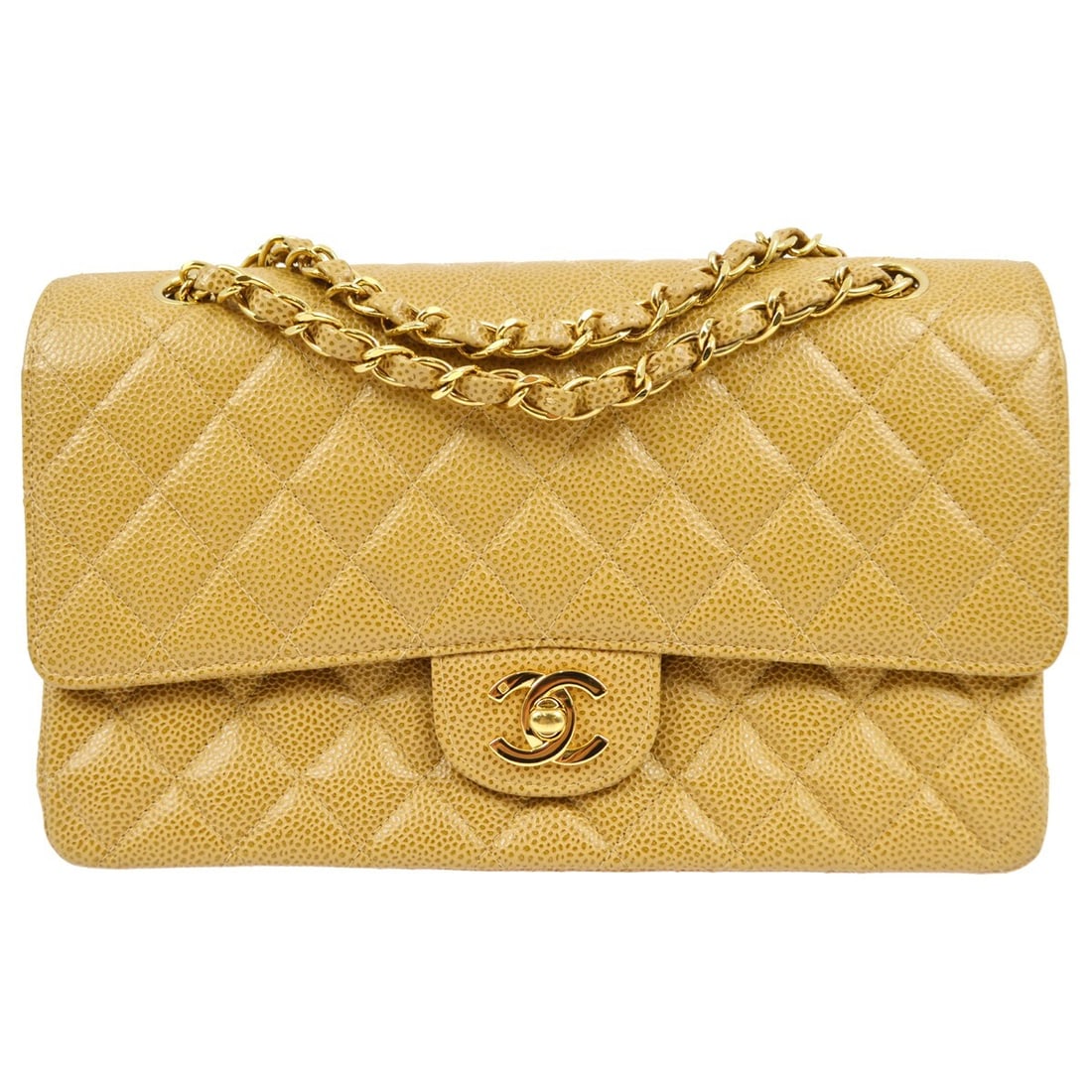 Chanel Beige Caviar Skin Medium Classic Double Flap Shoulder Bag: Chanel Beige Caviar Skin Medium Classic Double Flap Shoulder Bag This Chanel Medium Classic Double Flap Shoulder Bag is crafted from luxurious beige caviar skin leather and features a stylish matelass