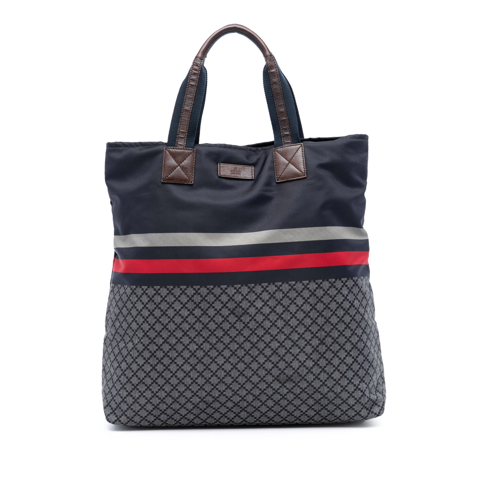 Blue Gucci Diamante Web Nylon Tote Bag with Zip Top Closure: Blue Gucci Diamante Web Nylon Tote Bag with Zip Top Closure This Gucci Diamante Web Nylon Tote features a printed nylon exterior, flat handles, a top zip closure, and interior zip and slip pockets. Th