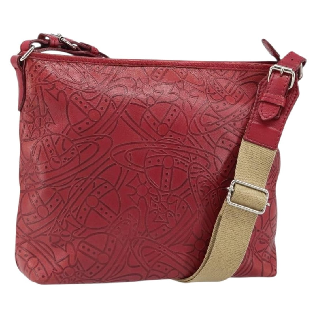 Red Leather Vivienne Westwood Shoulder Bag with Silver Accents: Red Leather Vivienne Westwood Shoulder Bag with Silver Accents This Vivienne Westwood shoulder bag features a red and silver leather exterior and is crafted in Japan. The bag offers a spacious interio