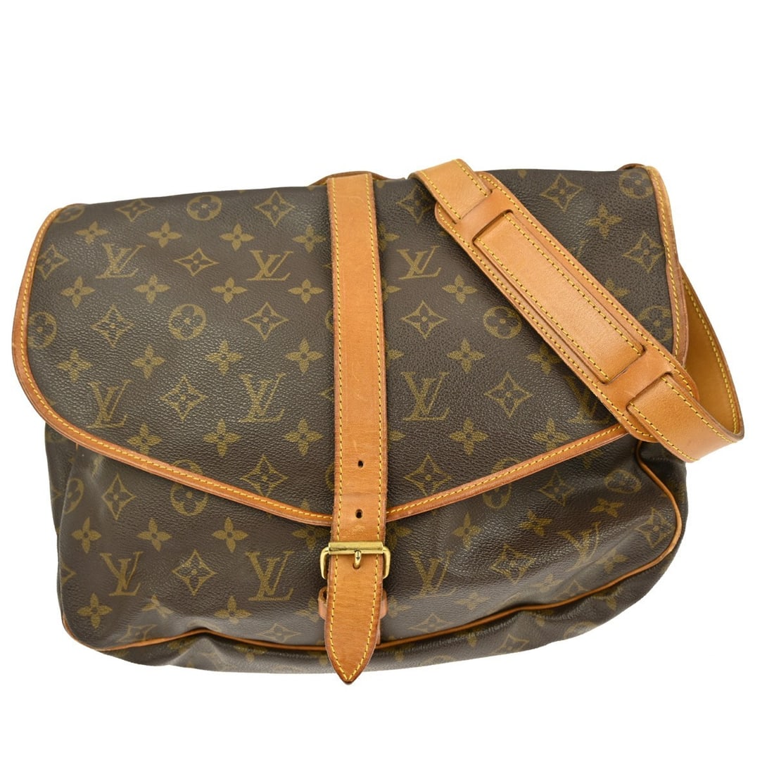 Monogram Canvas Saumur Shoulder Bag by Louis Vuitton: Monogram Canvas Saumur Shoulder Bag by Louis Vuitton The Louis Vuitton Saumur Handbag features the iconic Monogram canvas in brown, designed for unisex use. This bag shows signs of use and wear, inclu