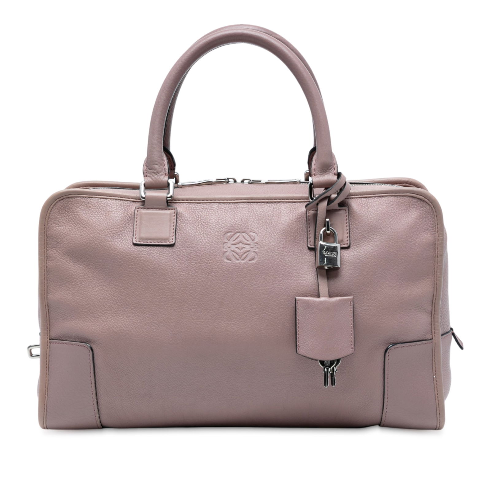 LOEWE Leather Amazona 36 Purple Bag with Clochette: LOEWE Leather Amazona 36 Purple Bag with Clochette Introducing the LOEWE Leather Amazona 36, a stylish and functional handbag crafted from premium leather. This exquisite bag features a chic purple co