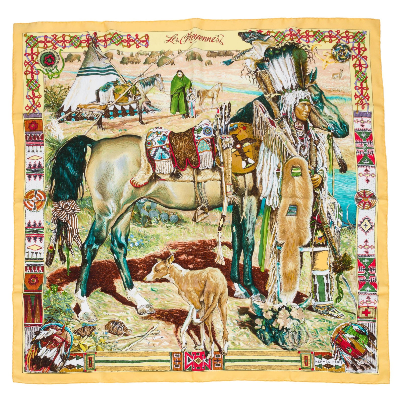 Hermes Les Cheyennes Silk Scarf Kermit Oliver 35x35 France: Hermes Les Cheyennes Silk Scarf Kermit Oliver 35x35 France Experience the elegance of this collectible Hermes Les Cheyennes silk scarf, designed by renowned artist Kermit Oliver. This exquisite piece