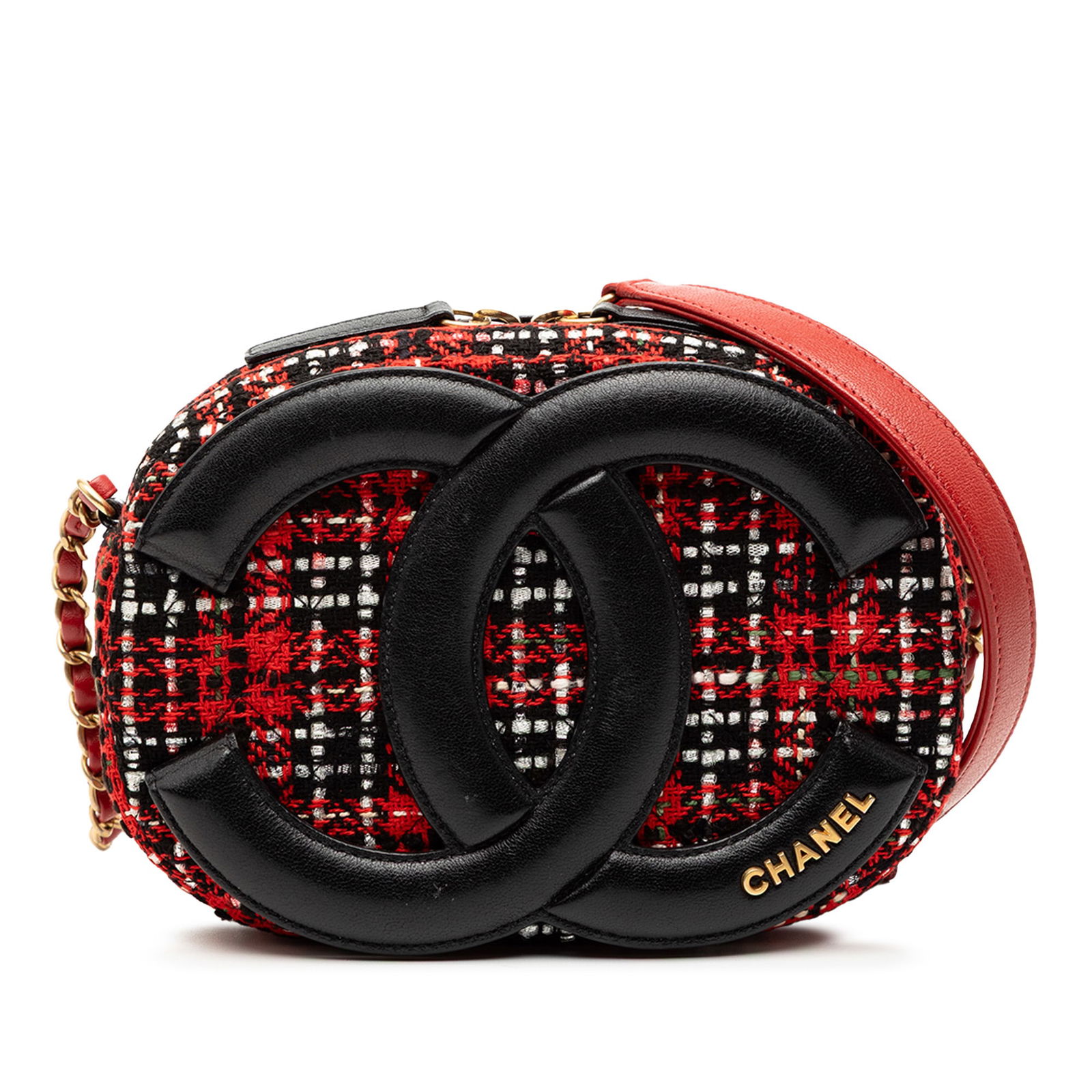 Chanel Coco Midnight Camera Bag Red Tweed and Lambskin Crossbody: Chanel Coco Midnight Camera Bag Red Tweed and Lambskin Crossbody This Chanel crossbody camera bag features a red tweed body with leather trim and a woven chain strap with a leather guard. It has a top