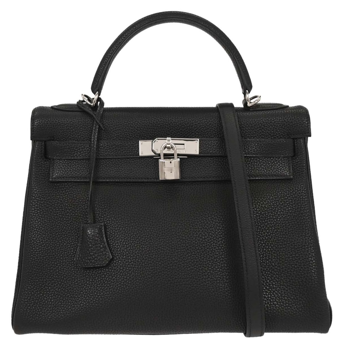Hermes Kelly 32 Retourne Black Togo Leather Handbag with Detachable Strap: Hermes Kelly 32 Retourne Black Togo Leather Handbag with Detachable Strap Introducing the iconic Hermes Kelly 32 Retourne 2-way Handbag in a classic black Togo leather. This medium-sized satchel featu