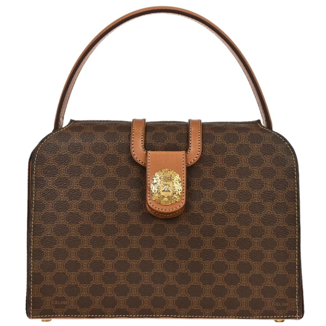 Brown Macadam Leather PVC Top Handle Bag by Celine Medium: Brown Macadam Leather PVC Top Handle Bag by Celine Medium This Celine Macadam top handle handbag features a classic brown exterior crafted from leather and PVC, accented with the signature Celine logo