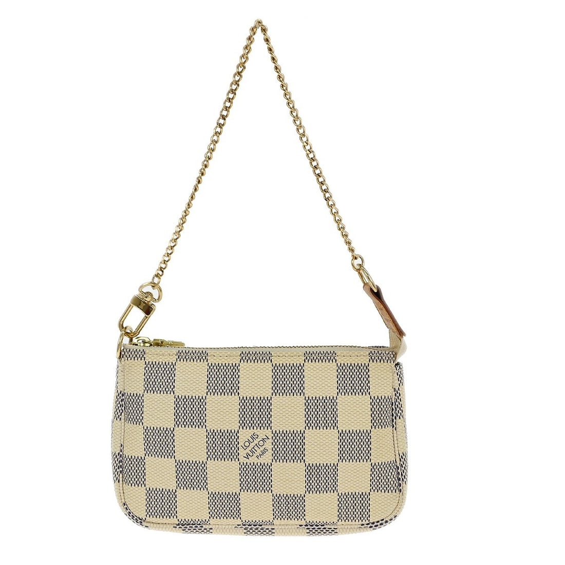 Louis Vuitton Mini Pochette Accessoires Damier Azur Canvas Handbag with Chain Strap: Louis Vuitton Mini Pochette Accessoires Damier Azur Canvas Handbag with Chain Strap This Louis Vuitton Damier Azur Mini Pochette Accessoires handbag features the iconic checked pattern on Damier canva