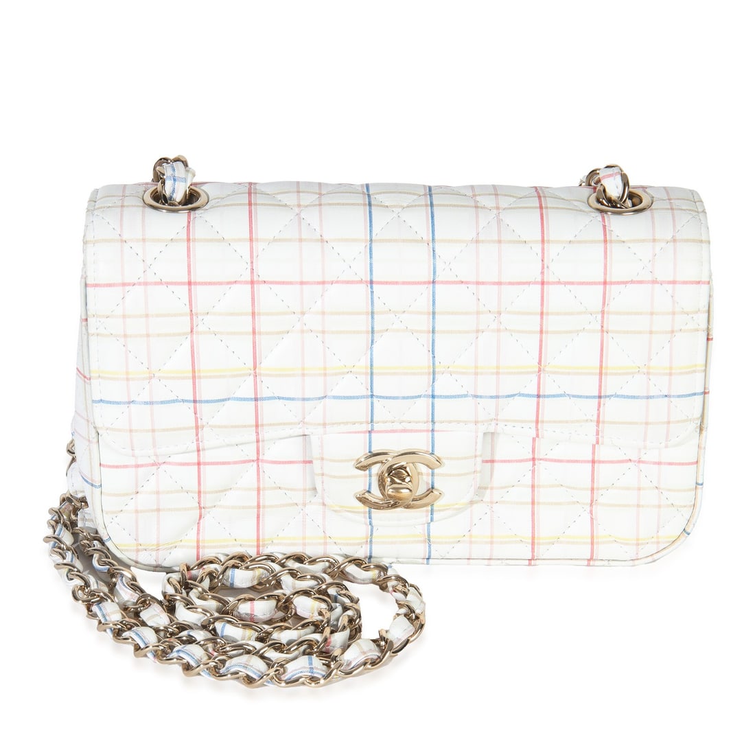 Chanel Mini Rectangular Flap Shoulder Bag in Tweed Print Calfskin Leather: Chanel Mini Rectangular Flap Shoulder Bag in Tweed Print Calfskin Leather This Chanel Mini Rectangular Flap Bag features a white multicolor calfskin leather exterior with a tweed print design. The bag