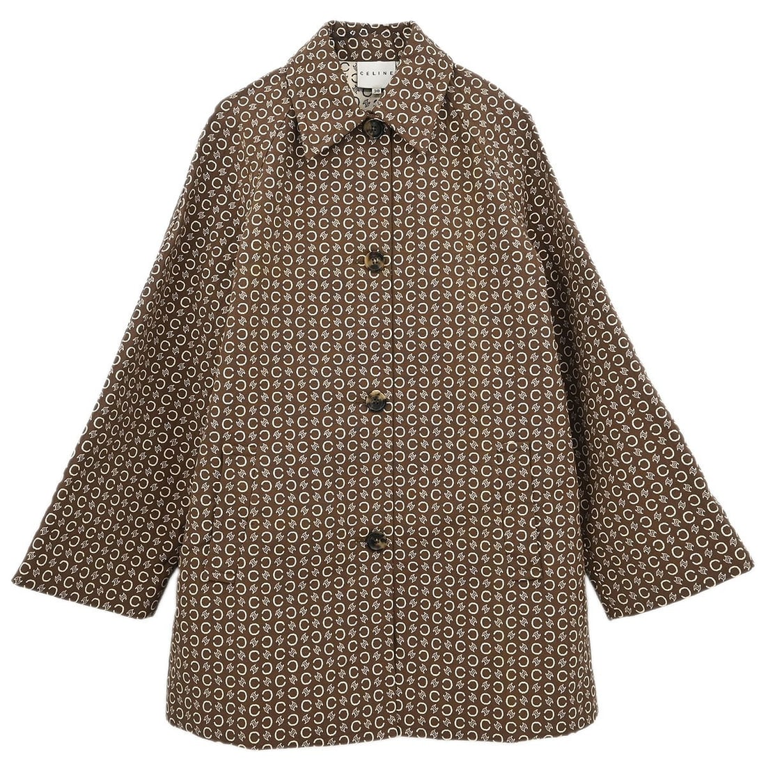 Vintage Celine Macadam Brown Long Coat Size #38: Vintage Celine Macadam Brown Long Coat Size #38 This Celine Macadam Coat is a vintage piece that effortlessly combines style and comfort. Crafted from a blend of 63% polyester, 34% cotton, and 3% poly