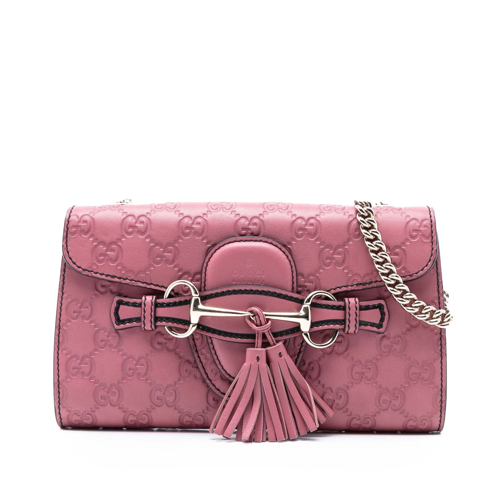 Gucci Small Guccissima Emily Pink Crossbody Bag: Gucci Small Guccissima Emily Pink Crossbody Bag The Small Guccissima Emily Crossbody is a stylish accessory crafted from embossed leather, showcasing a chic curb chain link shoulder strap. It features