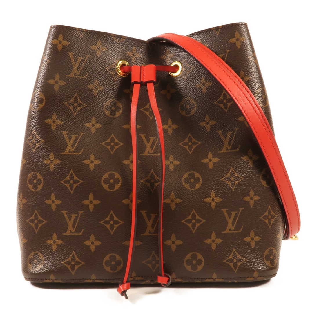 LOUIS VUITTON Neo Noe Bucket Bag Monogram Coquelicot Red GHW: LOUIS VUITTON Neo Noe Bucket Bag Monogram Coquelicot Red GHW Introducing the LOUIS VUITTON Neo Noe Bucket Bag, a stylish shoulder handbag crafted from durable PVC coated canvas in a vibrant Coquelicot