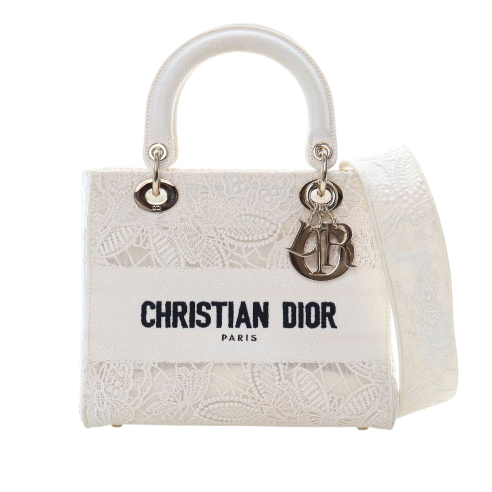 Medium White Lady D-Lite Bag with 3D Macrame Embroidery: Medium White Lady D-Lite Bag with 3D Macrame Embroidery This Dior Medium Lady D-Lite bag features an embroidered lace body with 3D macrame detailing. It is designed with structured top handles, a deta