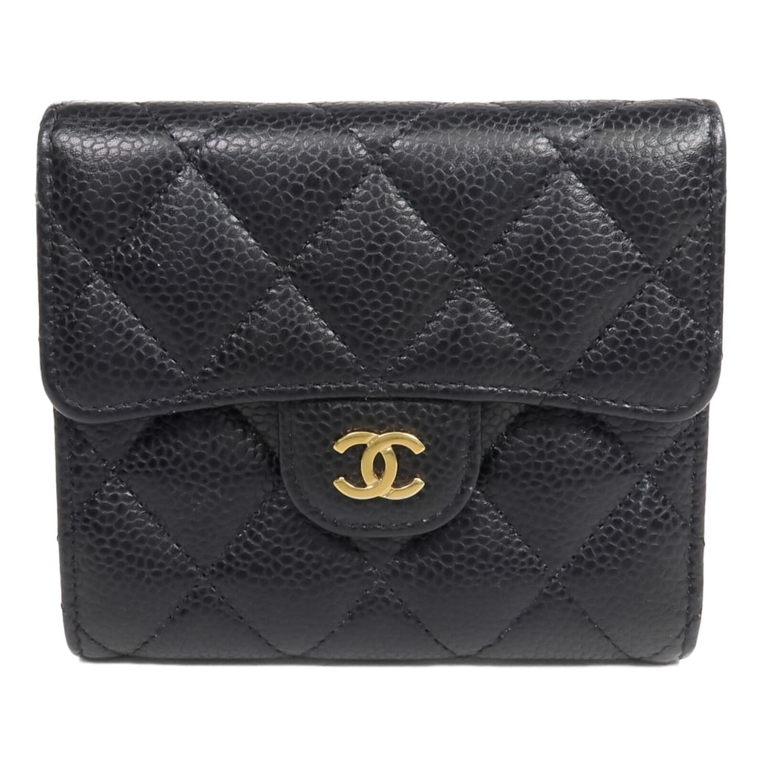 Black Calfskin Tri-Fold Wallet by CHANEL with CC Logo and Gold Hardware: Black Calfskin Tri-Fold Wallet by CHANEL with CC Logo and Gold Hardware This CHANEL tri-fold wallet is crafted from black calfskin leather and features the iconic CC logo with gold-tone hardware. The