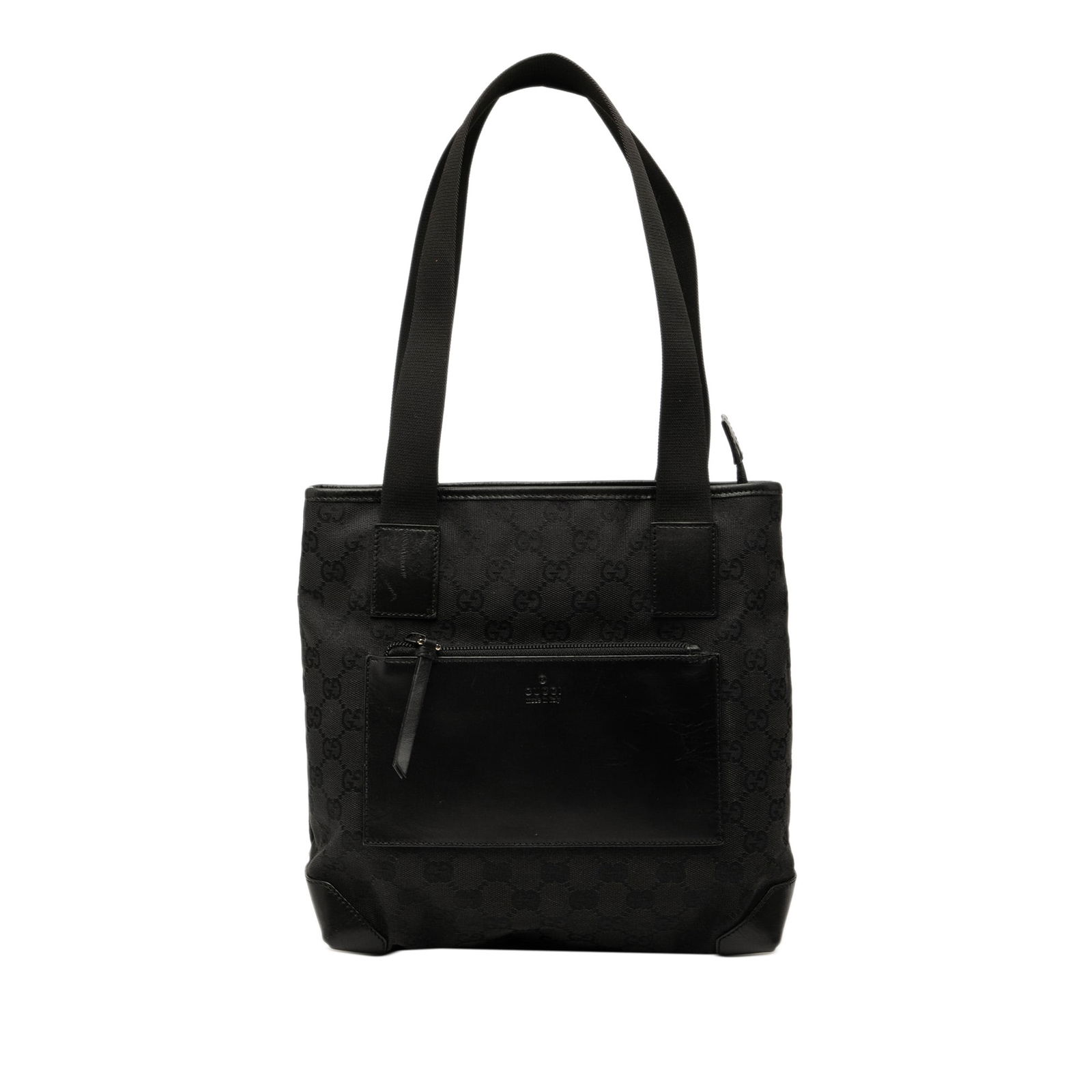 Black Canvas Shoulder Bag with Leather Trim by Gucci GG Collection: Black Canvas Shoulder Bag with Leather Trim by Gucci GG Collection This Gucci GG Canvas Tote is crafted from durable canvas with leather trim and features flat canvas straps, a top zip closure, an ext