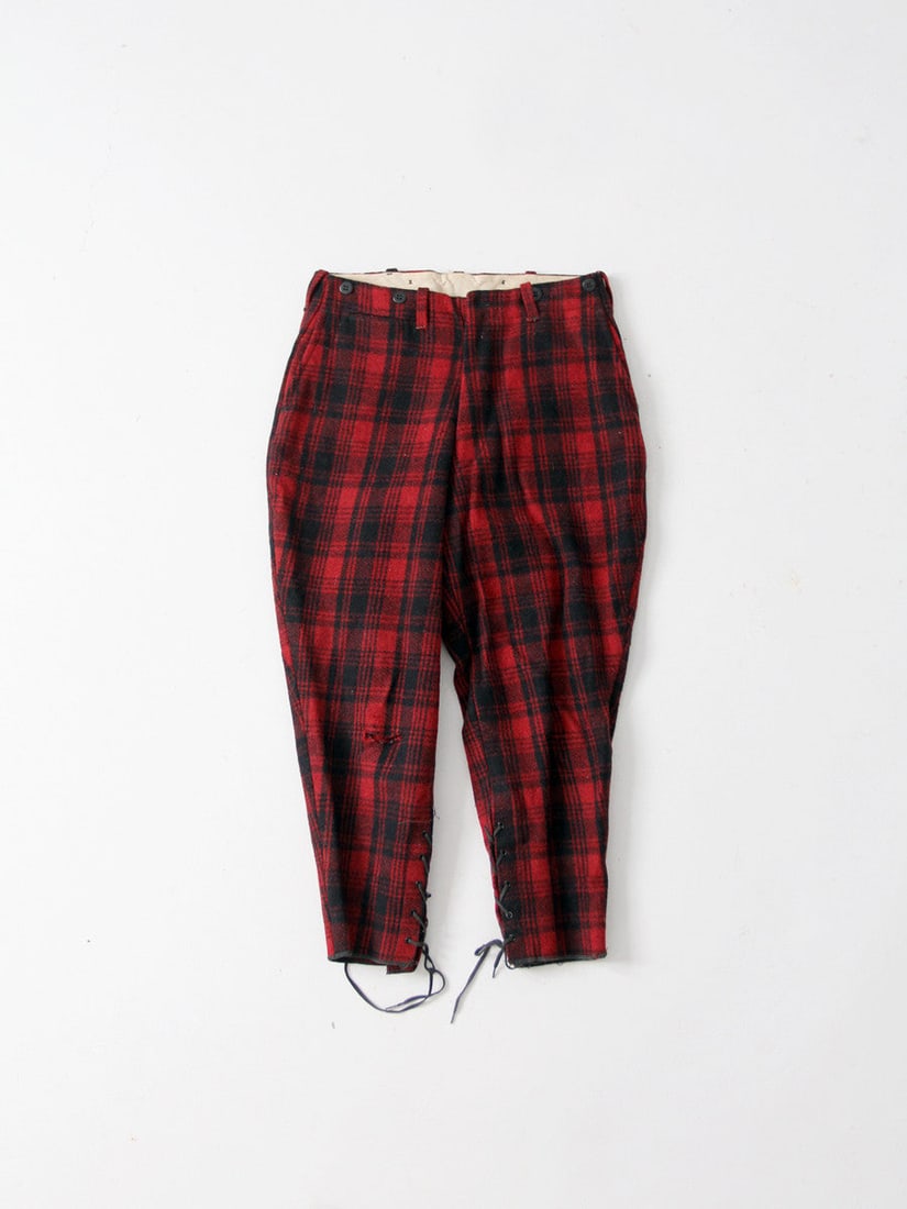 1930s Vintage Wool Hunting Pants Red Black Plaid Jodhpur Cut: 1930s Vintage Wool Hunting Pants Red Black Plaid Jodhpur Cut Discover a unique pair of vintage 1930s wool hunting pants, crafted from American wool featuring a striking red and black plaid design. The