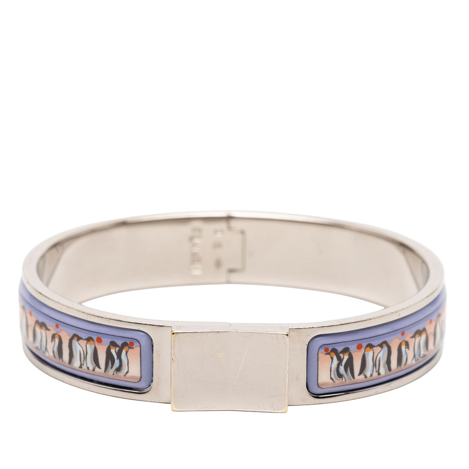 Hermes Penguin Motif Narrow Enamel Hinge Bracelet PM: Hermes Penguin Motif Narrow Enamel Hinge Bracelet PM This Hermes Narrow Enamel Penguin Loquet Hinge Bangle PM features a printed enamel design with a palladium-plated metal body and a secure clasp clo