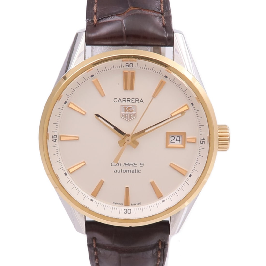 Carrera Calibre 5 Automatic Beige Dial Watch 18K Rose Gold and Steel: Carrera Calibre 5 Automatic Beige Dial Watch 18K Rose Gold and Steel This TAG HEUER Carrera Calibre 5 Automatic wristwatch features an 18K pink gold and stainless steel case with a beige dial. It is e