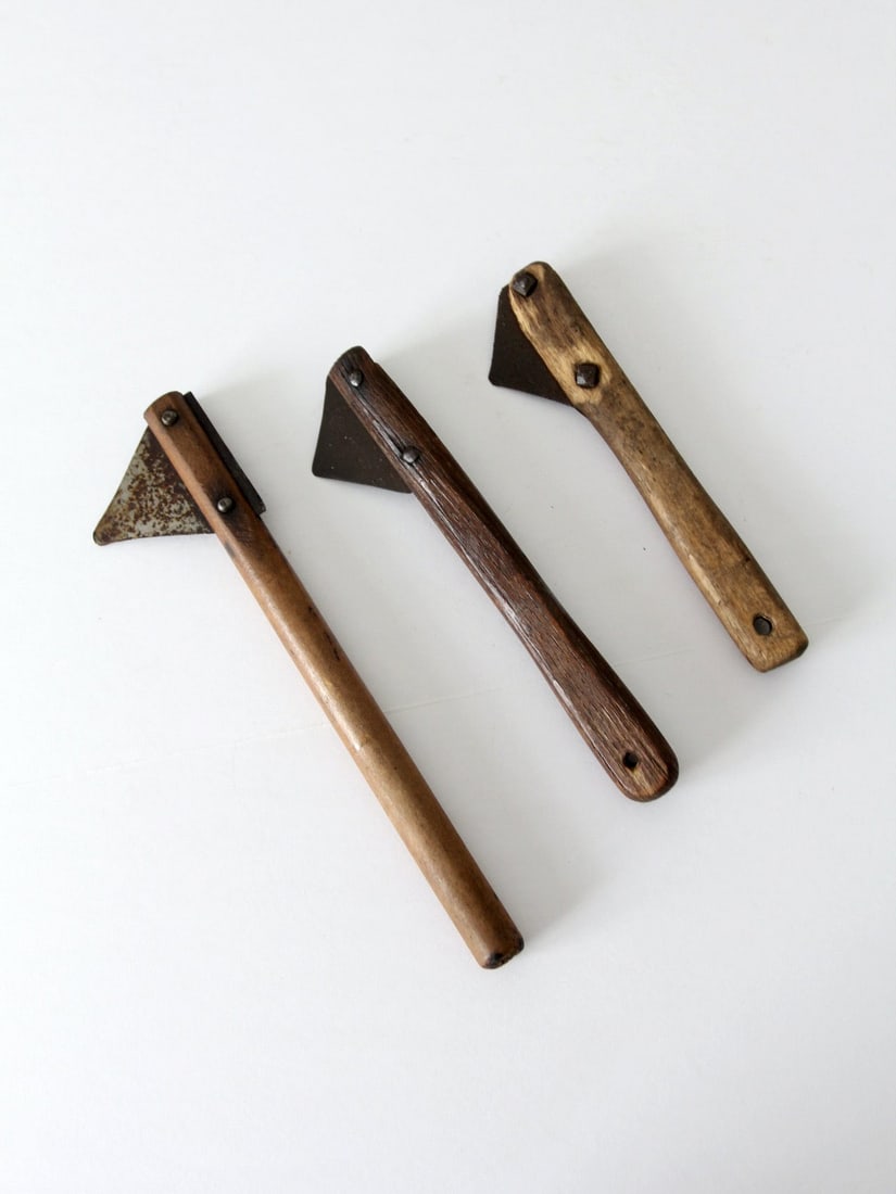 Set of 3 Antique Handmade Tools with Wooden Handles: Set of 3 Antique Handmade Tools with Wooden Handles Discover this unique set of three antique primitive tools, perfect for collectors or as decorative pieces. Each tool features handmade wooden handle