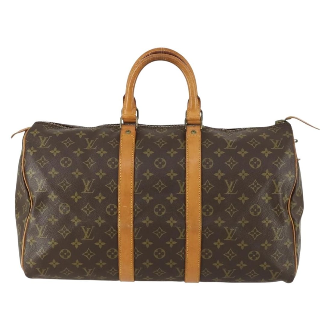 Louis Vuitton Keepall Monogram Canvas Unisex Travel Bag 45cm: Louis Vuitton Keepall Monogram Canvas Unisex Travel Bag 45cm This Louis Vuitton Keepall Bag features the signature Monogram Canvas in brown and is designed for unisex use. The bag shows signs of use,