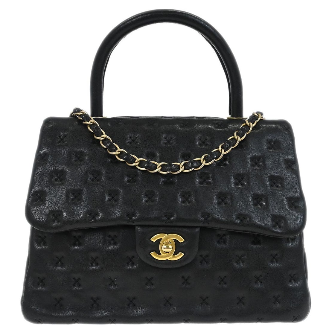 Chanel Paris-Rome Top Handle Lambskin Leather Bag Black: Chanel Paris-Rome Top Handle Lambskin Leather Bag Black The Chanel Paris-Rome Coco Top Handle Bag is crafted from black lambskin leather featuring cross-stitch detailing. Designed for women, this eleg